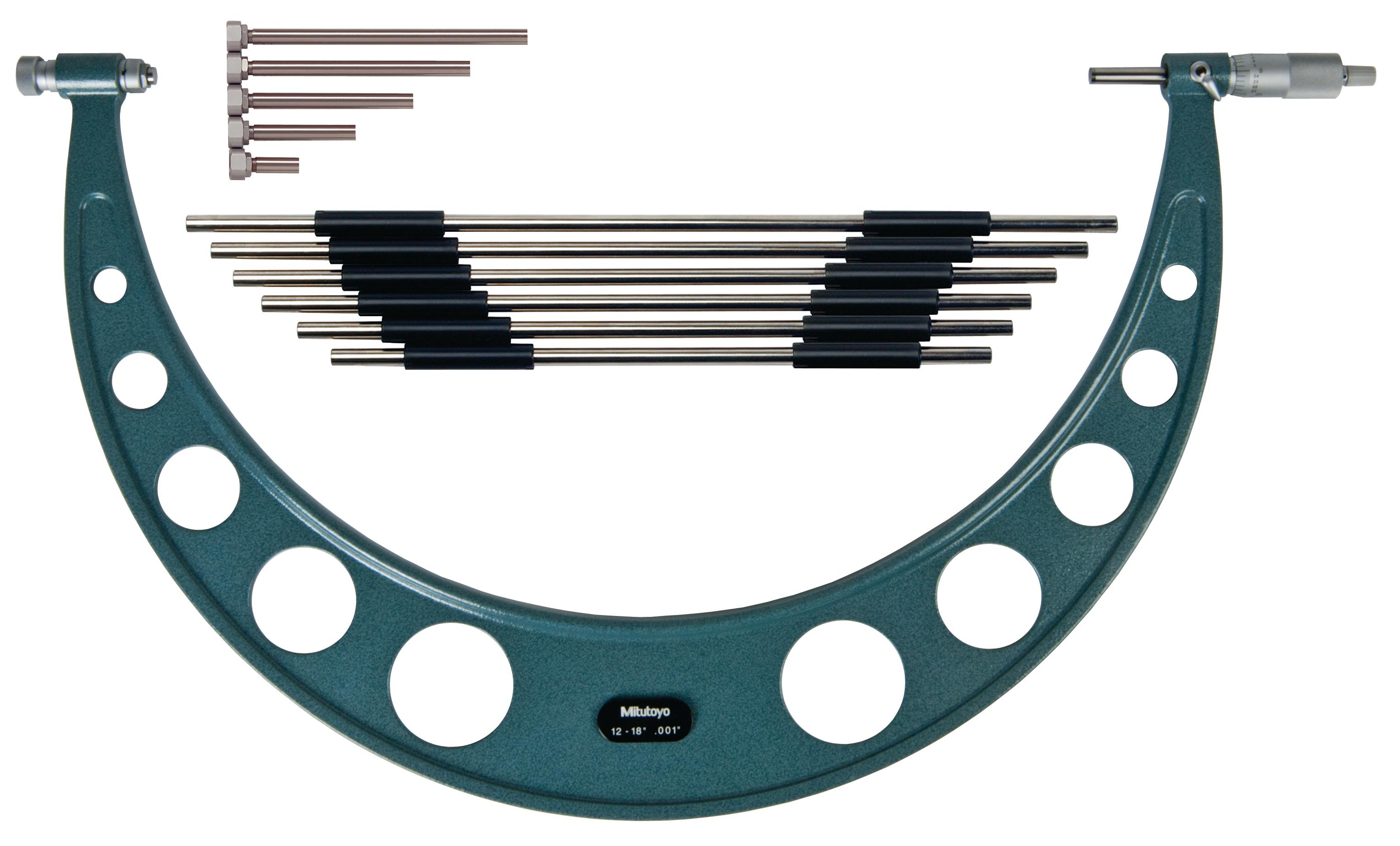 Mitutoyo, 104-201, 12-18 In, .001 In Interchangeable Anvil Mechanical Outside Micrometer, Ratchet Stop, 6 anvils, with 6 Standards