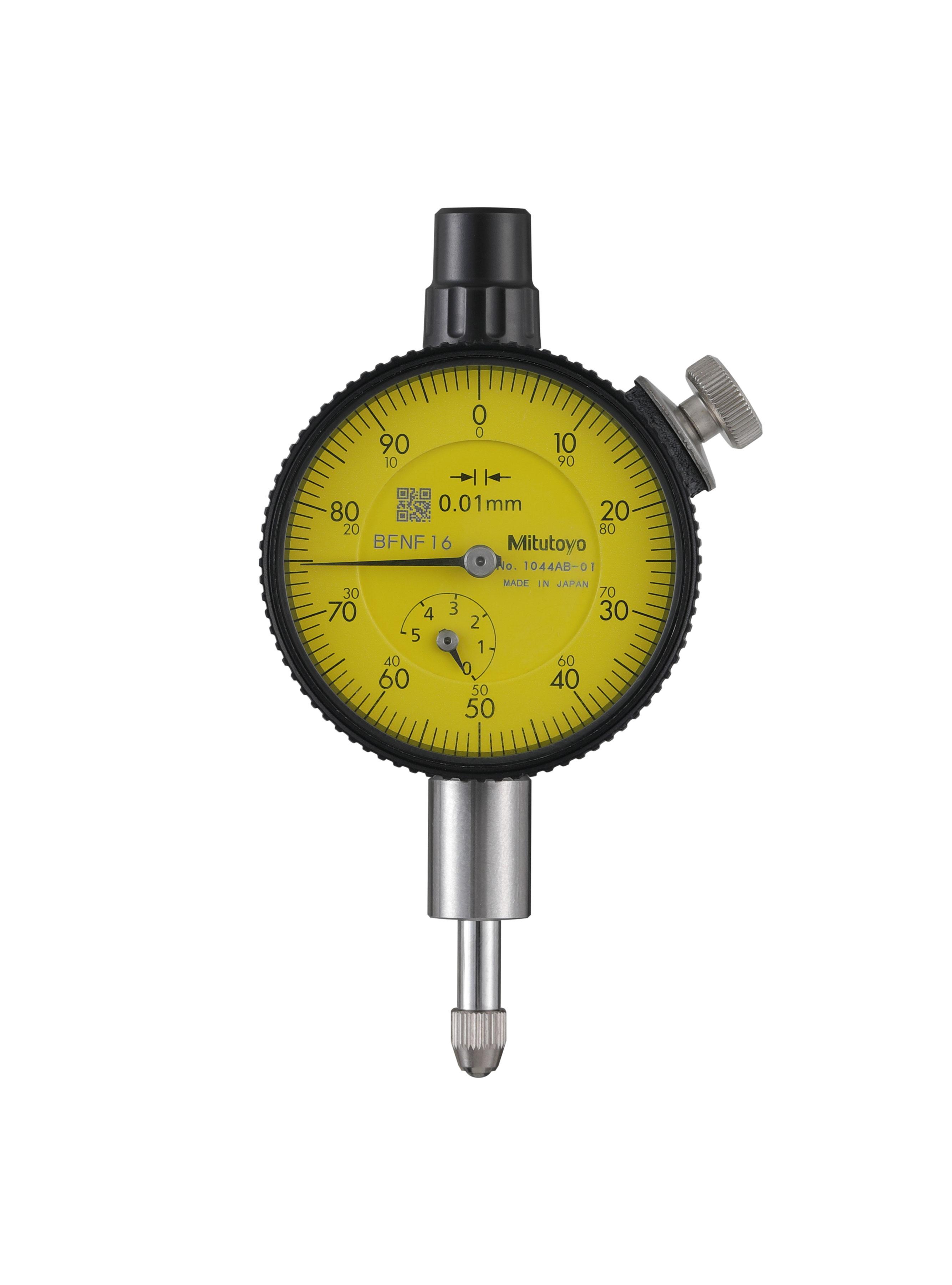 Mitutoyo, 1044AB-01, 0.01mm, 5mm/(1mm per rev) Dial Indicator, 0-100, Flat Back, 3/8 In stem, Series 1