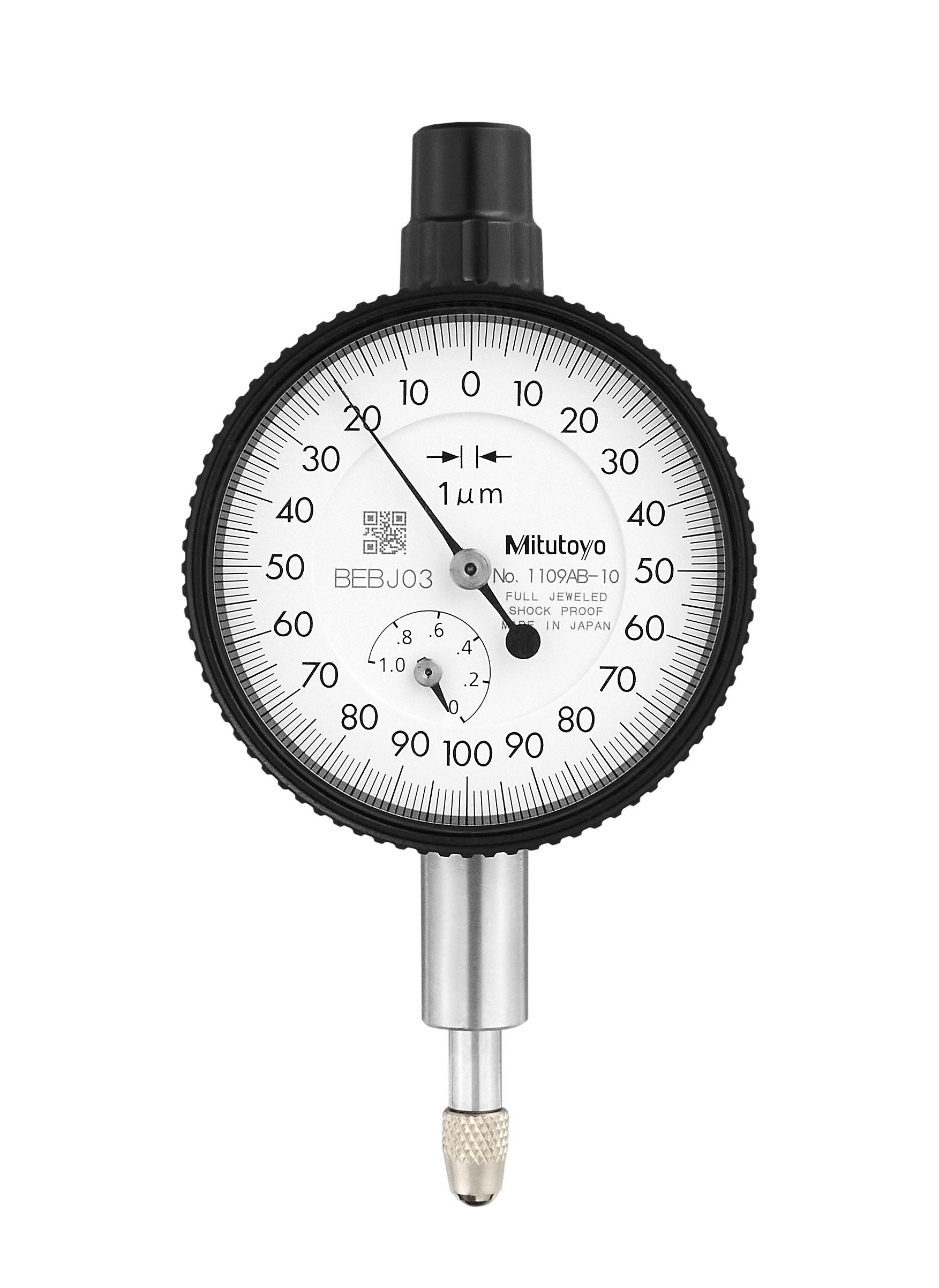 Mitutoyo, 1109AB-10, 0.001mm, 1mm Dial Indicator, 0-100-0, Flat Back, 8mm stem, Series 1, Shockproof, Jeweled