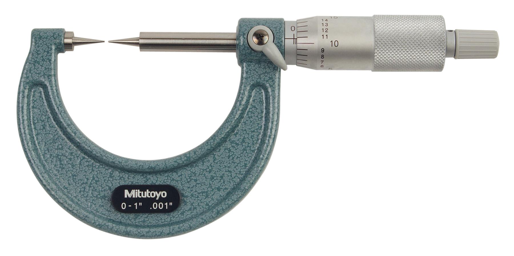 Mitutoyo, 112-177, 0-1 In, .0001 In Mechanical Point Micrometer, 15 Degree Point, Steel Tip, Ratchet Stop