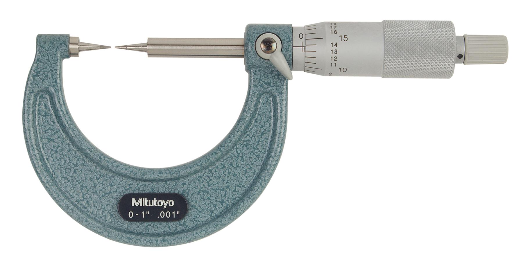 Mitutoyo, 112-189, 0-1 In, .001 In Mechanical Point Micrometer, 15 Degree Point, Carbide Steel Tip, Ratchet Stop
