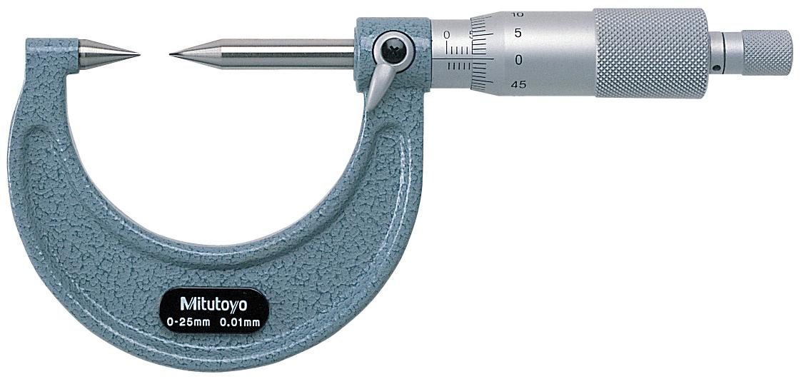 Mitutoyo, 112-201, 0-25mm, .01mm Mechanical Point Micrometer, 30 Degree Point, Carbide Steel Tip, Ratchet Stop