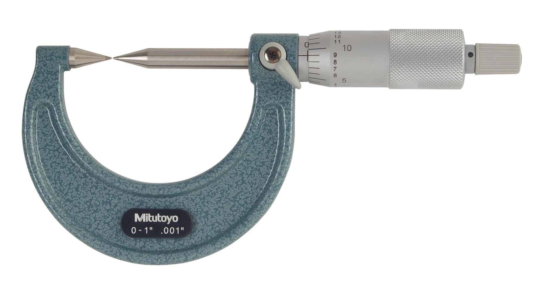 Mitutoyo, 112-237, 0-1 In, .001 In Mechanical Point Micrometer, 30 Degree Point, Carbide Steel Tip, Ratchet Stop