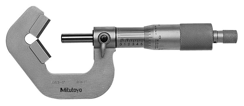 Mitutoyo, 114-135, .09-1 In, .0001 In, Mechanical V-Anvil Micrometer for 5 Flutes cutting head, Ratchet Stop