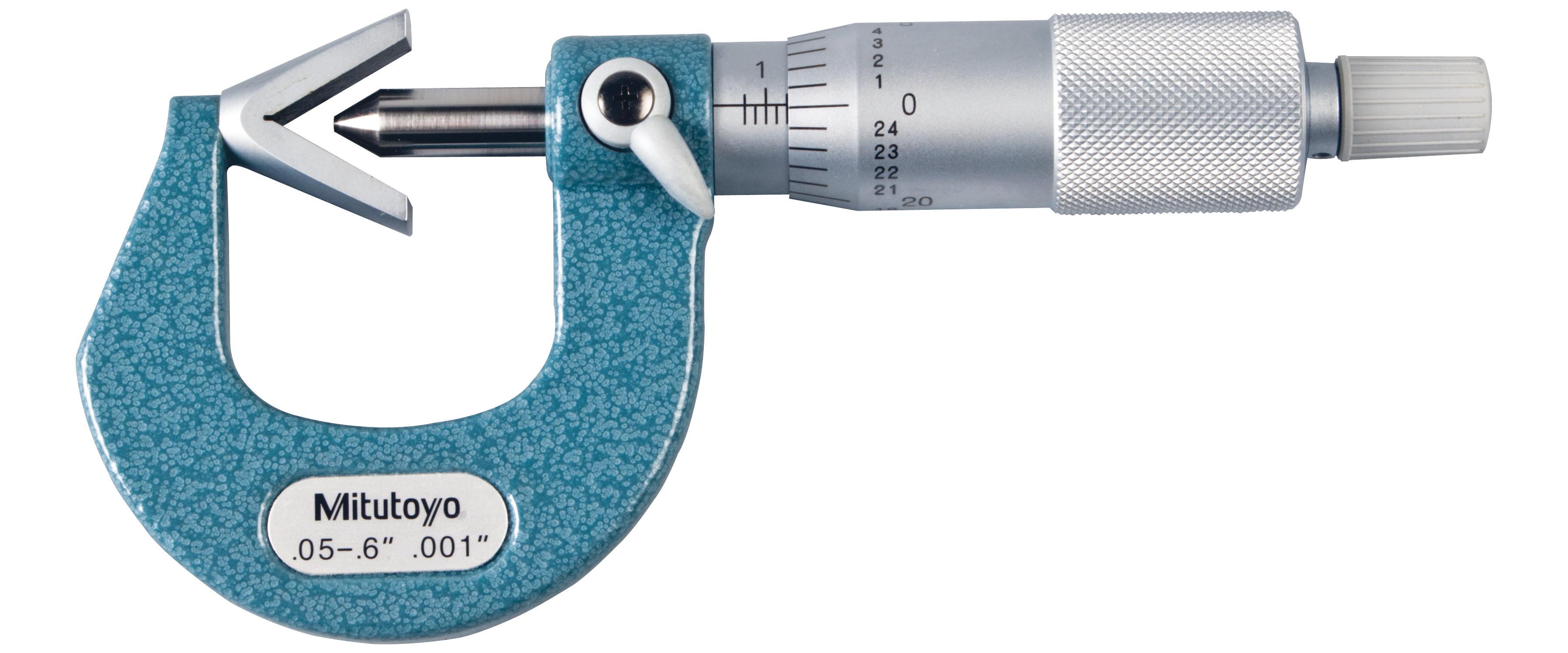Mitutoyo, 114-163, .05-.6 In, .001 In Mechanical V-Anvil Micrometer, for 3 Flutes cutting head, Ratchet Stop