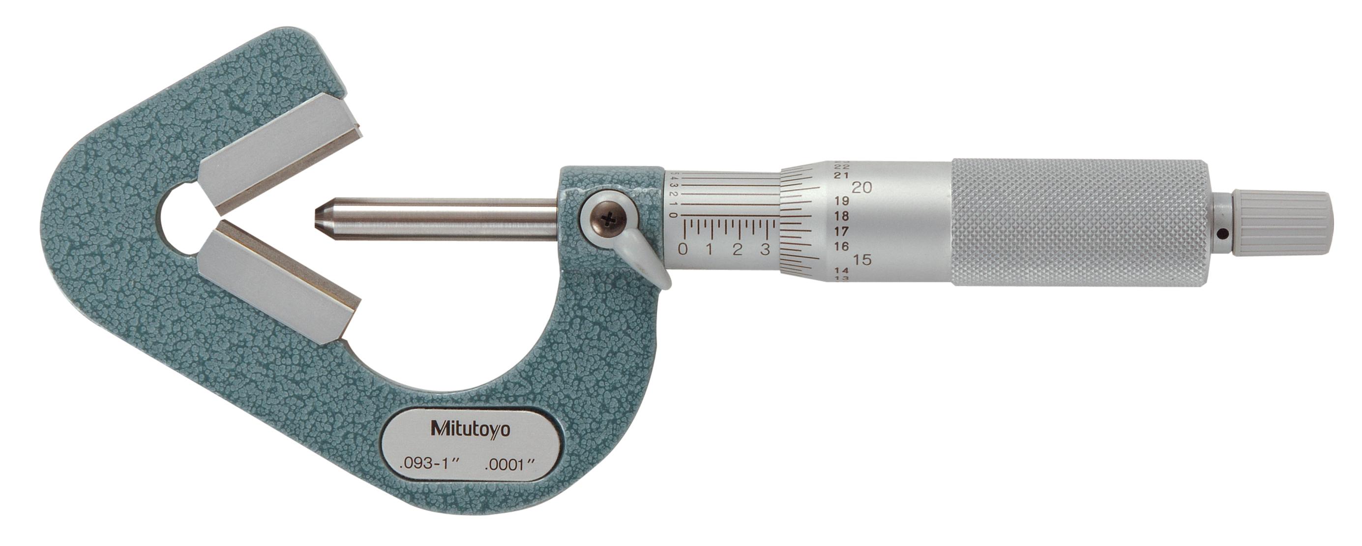 Mitutoyo, 114-202, .09-1 In, .0001 In Mechanical V-Anvil Micrometer, for 3 Flutes cutting head, Ratchet Stop