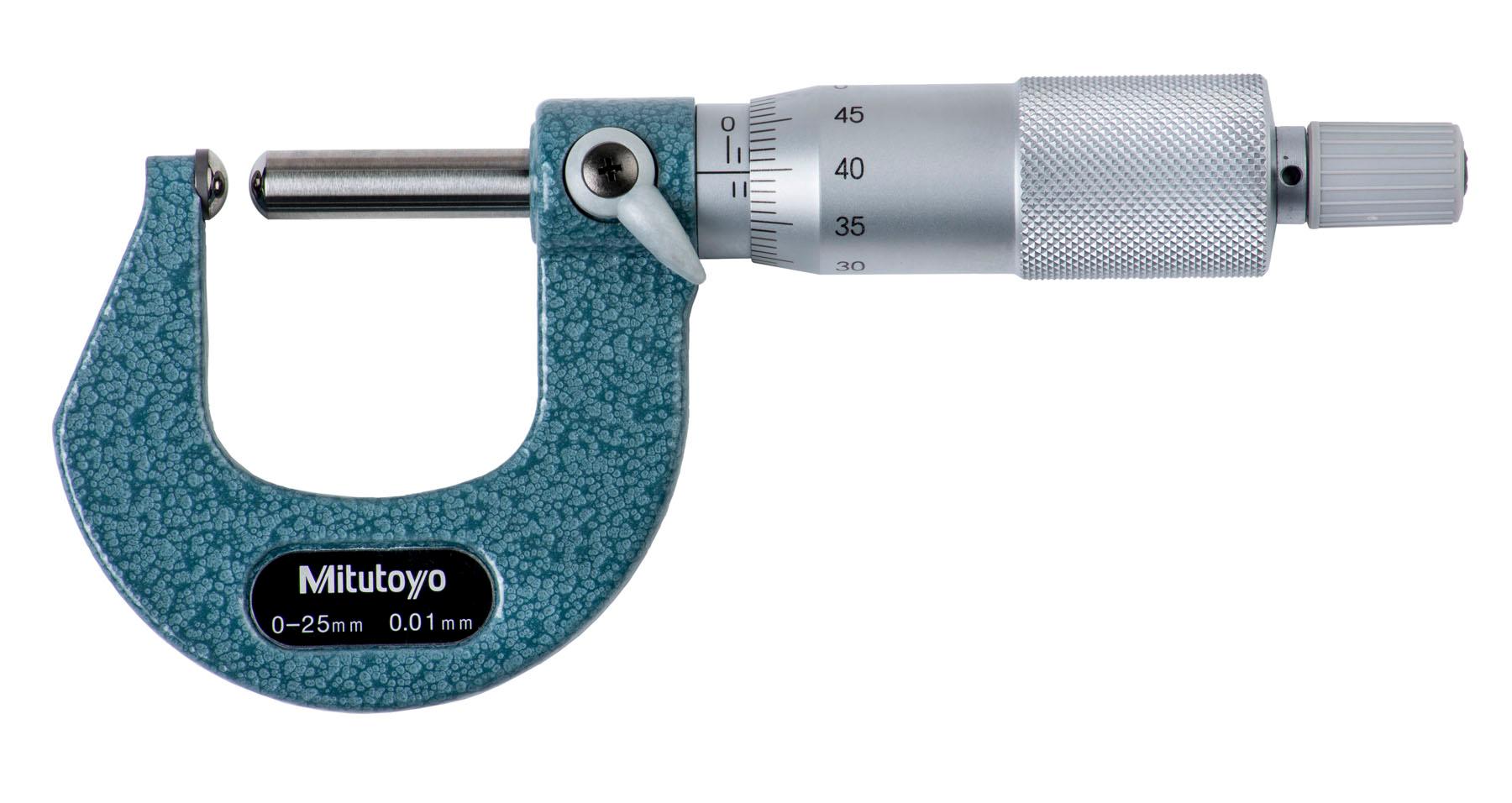 Mitutoyo, 115-215, 0-25mm, 0.01mm Mechanical Spherical Anvil Micrometer, Spherical Spindle, Ratchet Stop