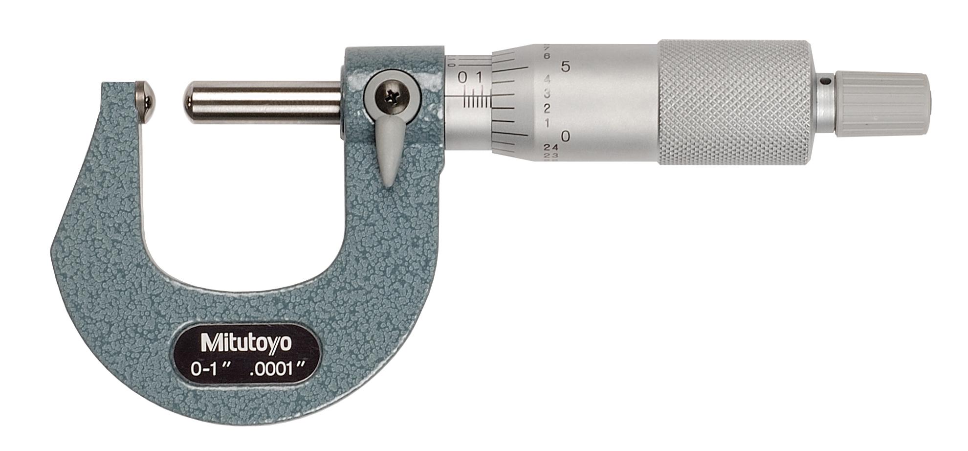 Mitutoyo, 115-253, 0-1 In, .0001 In Mechanical Spherical Anvil Micrometer, Spherical Spindle, Ratchet Stop