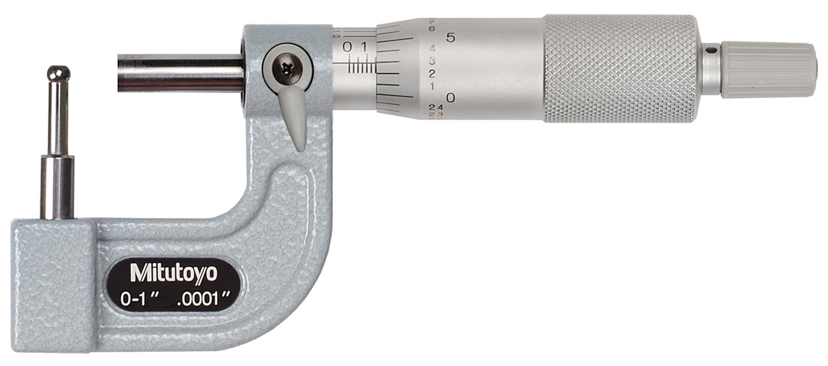 Mitutoyo, 115-313, 0-1 In, .0001 In Mechanical Tube Micrometer, .185 In Spherical Anvil, Ratchet Stop