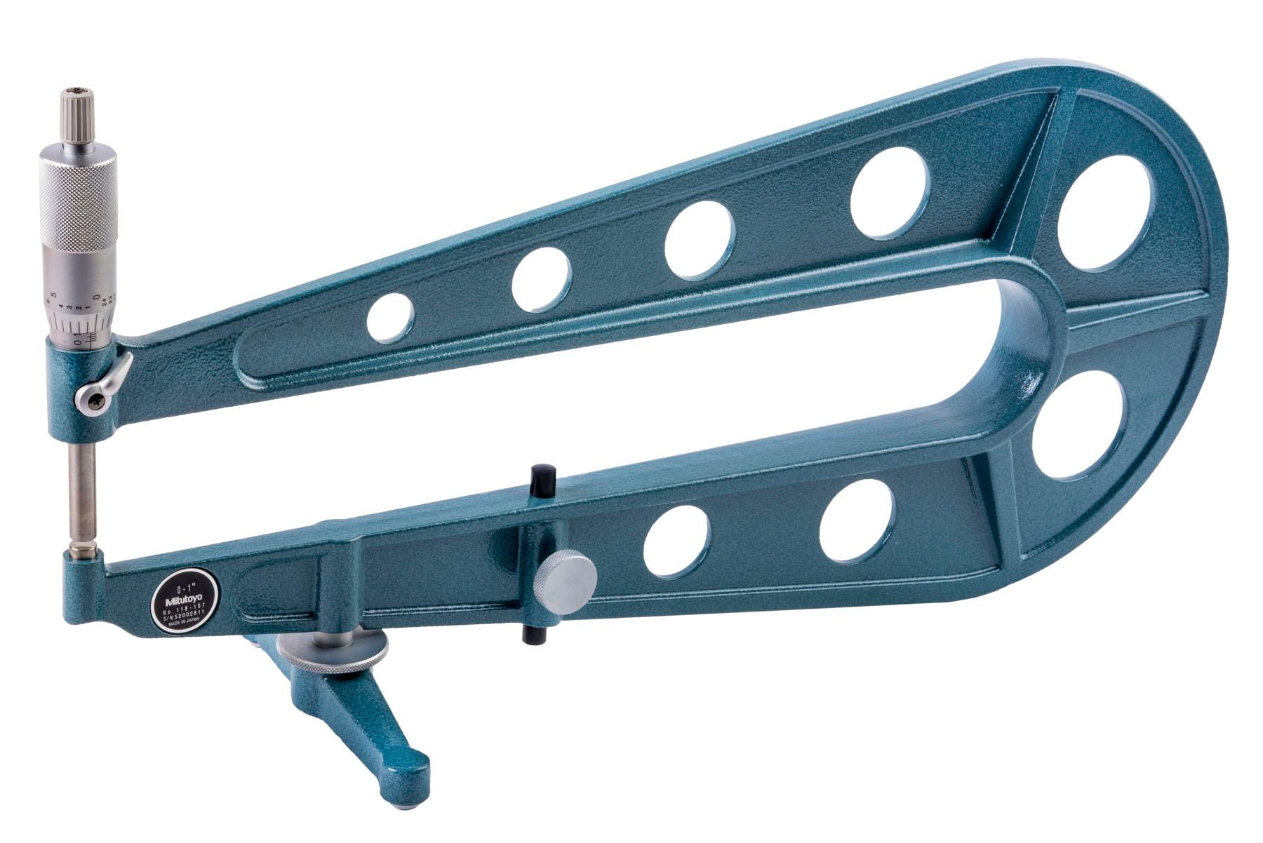 Mitutoyo, 118-107, Sheet Metal Micrometer, 0-1 In range, .001 In graduation, +/-.00025 In accuracy, 13 In/1.38 In a/b