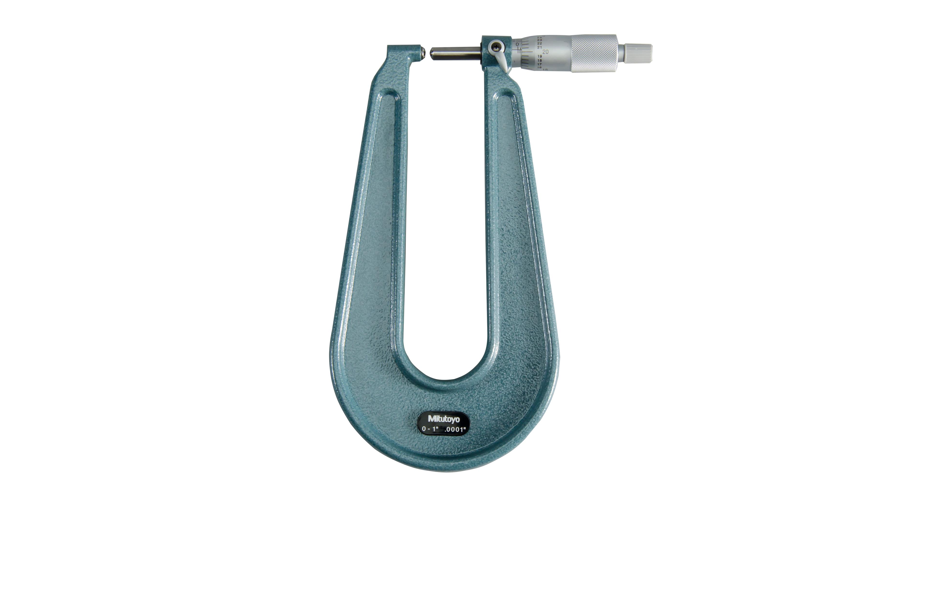 Mitutoyo, 118-120,  0-1 In, .0001 In 6.3 In Mechanical Deep Throat Micrometer, Spherical Anvil, Spherical Spindle, Ratchet Stop