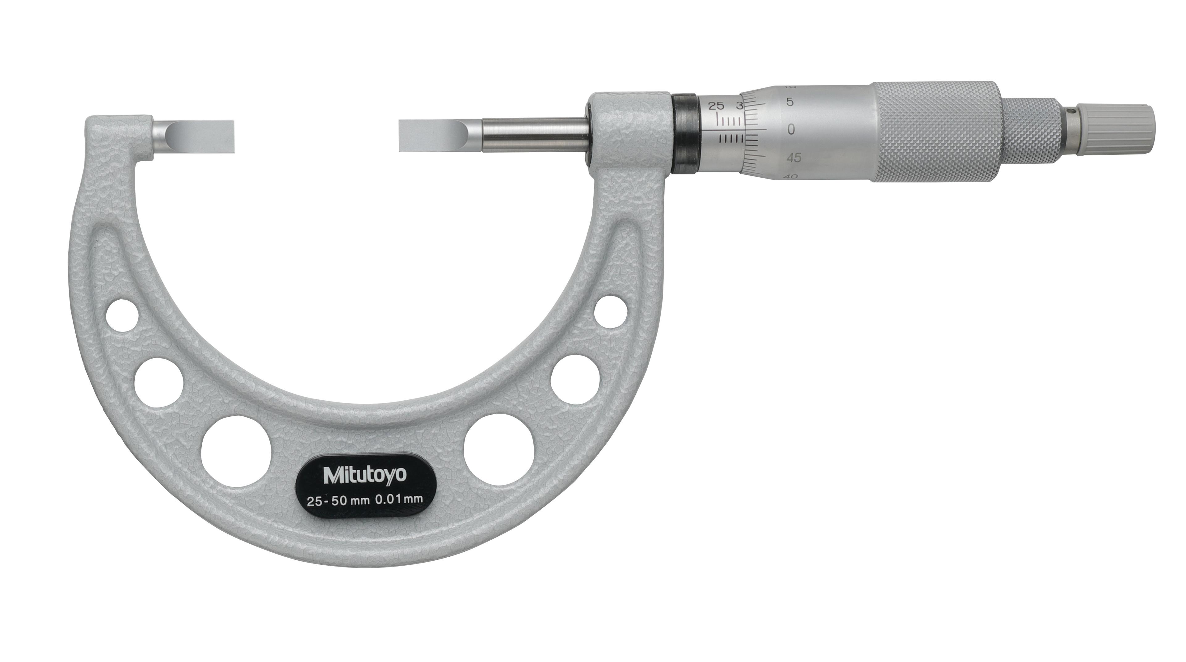 Mitutoyo, 122-102-10, 25-50mm, 0.01mm, Mechanical Blade Micrometer, .03 In Steel Blade, Ratchet Stop