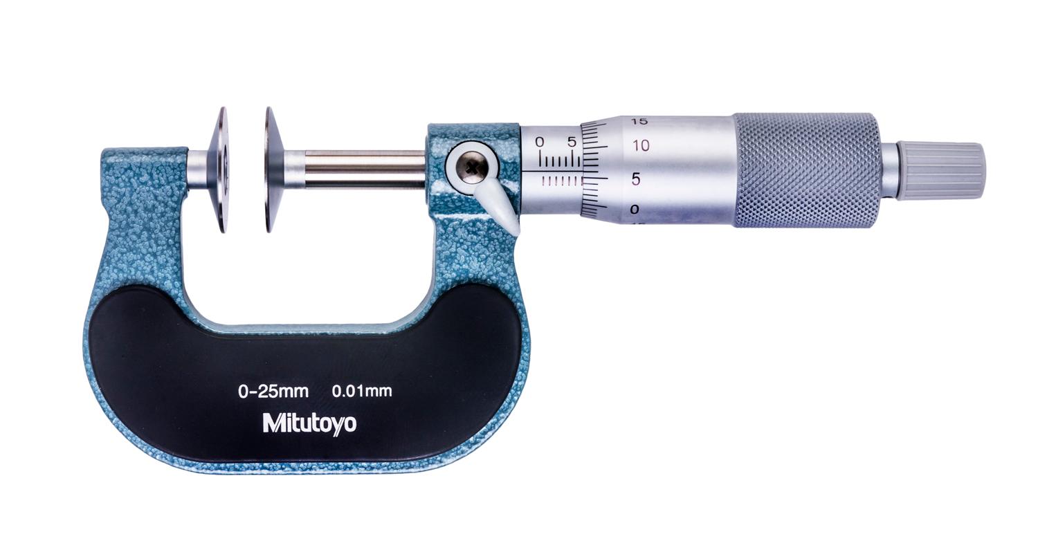 Mitutoyo, 123-101, 0-25mm, 0.01mm Mechanical Disk Micrometer, .787 In/20mm Diameter .028 In/0.7mm Edge Thickness Disk, Ratchet Stop