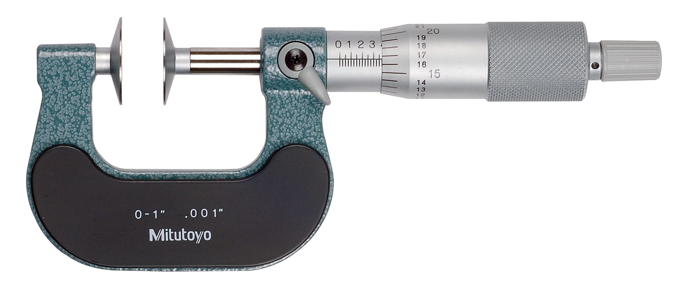 Mitutoyo, 123-125, 0-1 In, .001 In Mechanical Disk Micrometer, .787 In/20mm Diameter .028 In/0.7mm Edge Thickness Disk, Ratchet Stop