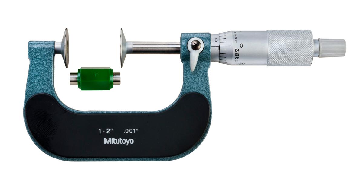 Mitutoyo, 123-126, 1-2 In, .001 In Mechanical Disk Micrometer, .787 In/20mm Diameter .028 In/0.7mm Edge Thickness Disk, Ratchet Stop