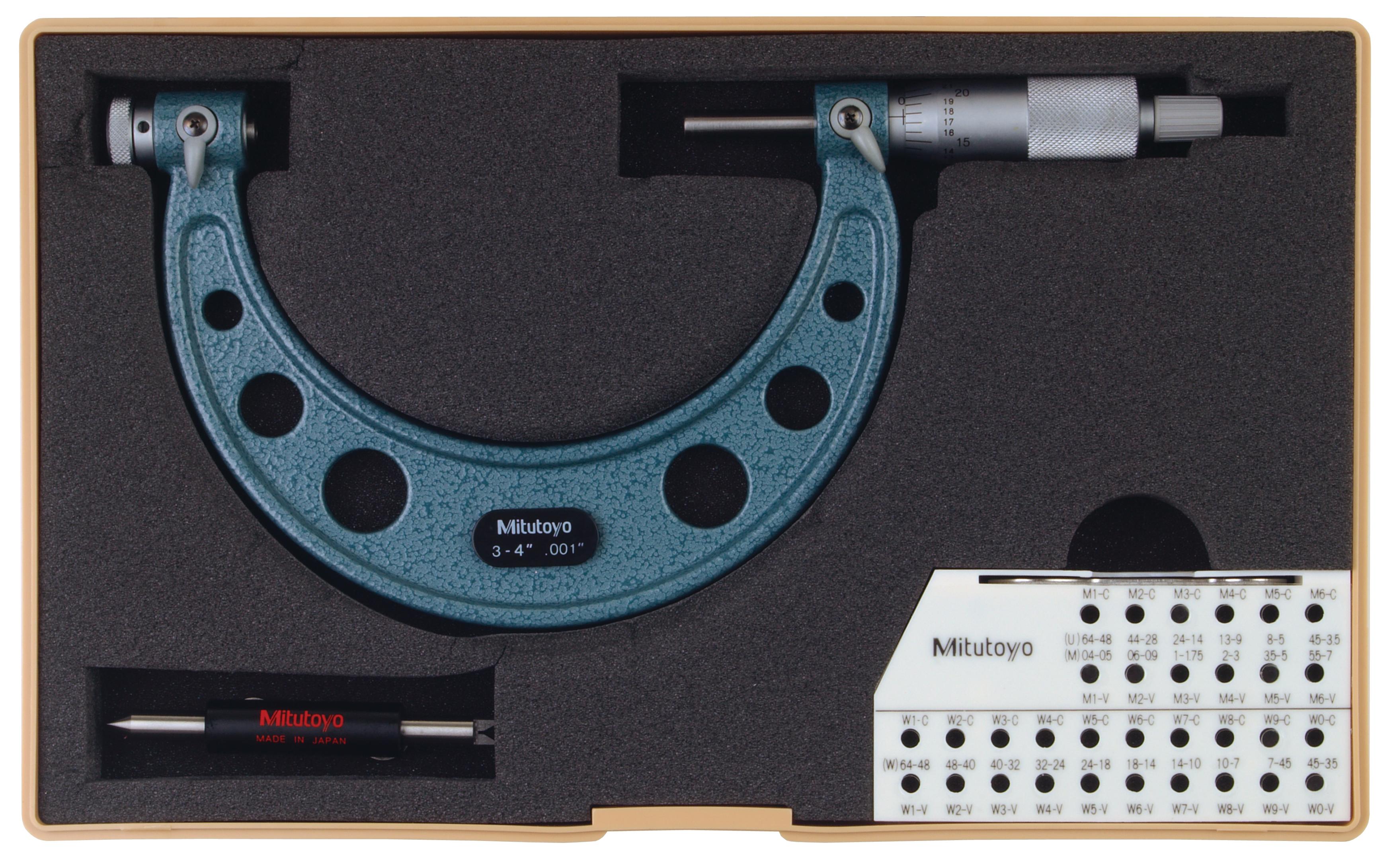 Mitutoyo, 126-140, 3-4 In, .001 In, Mechanical Screw Thread Micrometer, Ratchet Stop, Optional Anvils Available