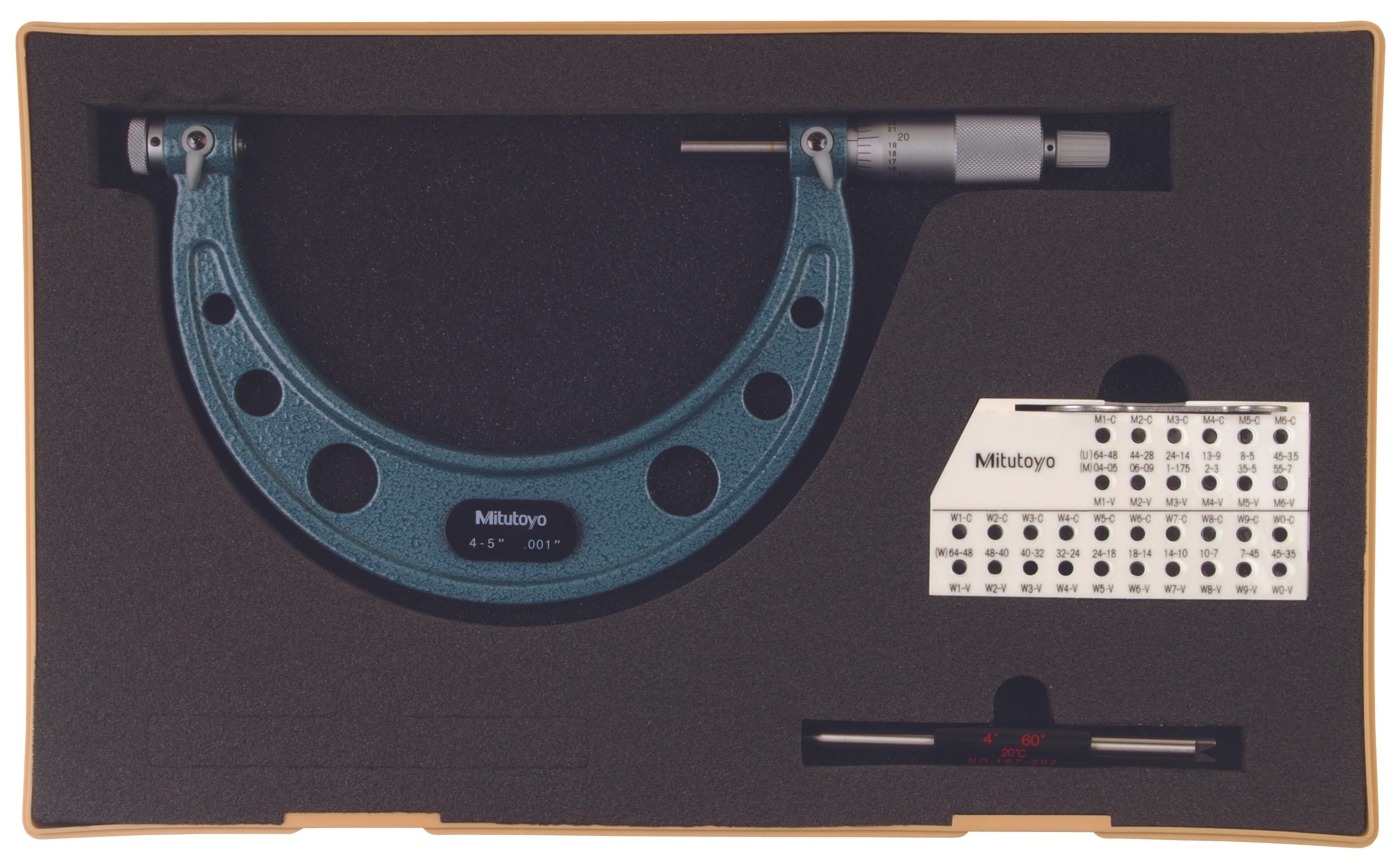 Mitutoyo, 126-141, 4-5 In, .001 In, Mechanical Screw Thread Micrometer, Ratchet Stop, Optional Anvils Available