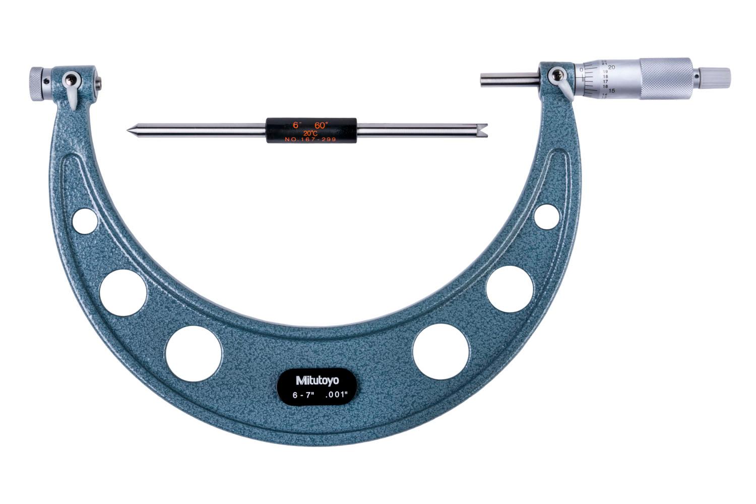 Mitutoyo, 126-143, 6-7 In, .001 In, Mechanical Screw Thread Micrometer, Ratchet Stop, Optional Anvils Available