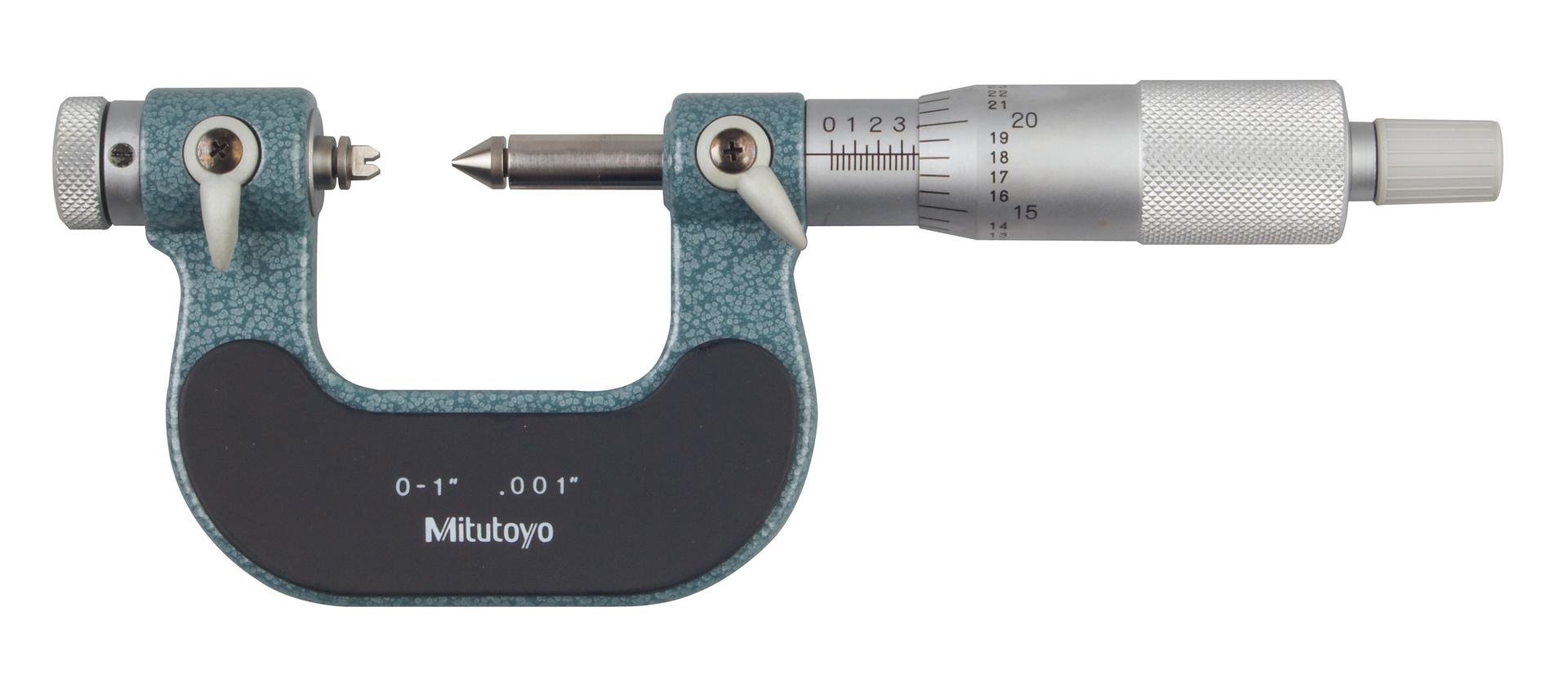 Mitutoyo, 126-901, 0-1 In, .001 In, Mechanical Screw Thread Micrometer, Ratchet Stop, Includes 6 Piece Anvil Set (126-800) for Metric/Unified screws (60 degree threads)  