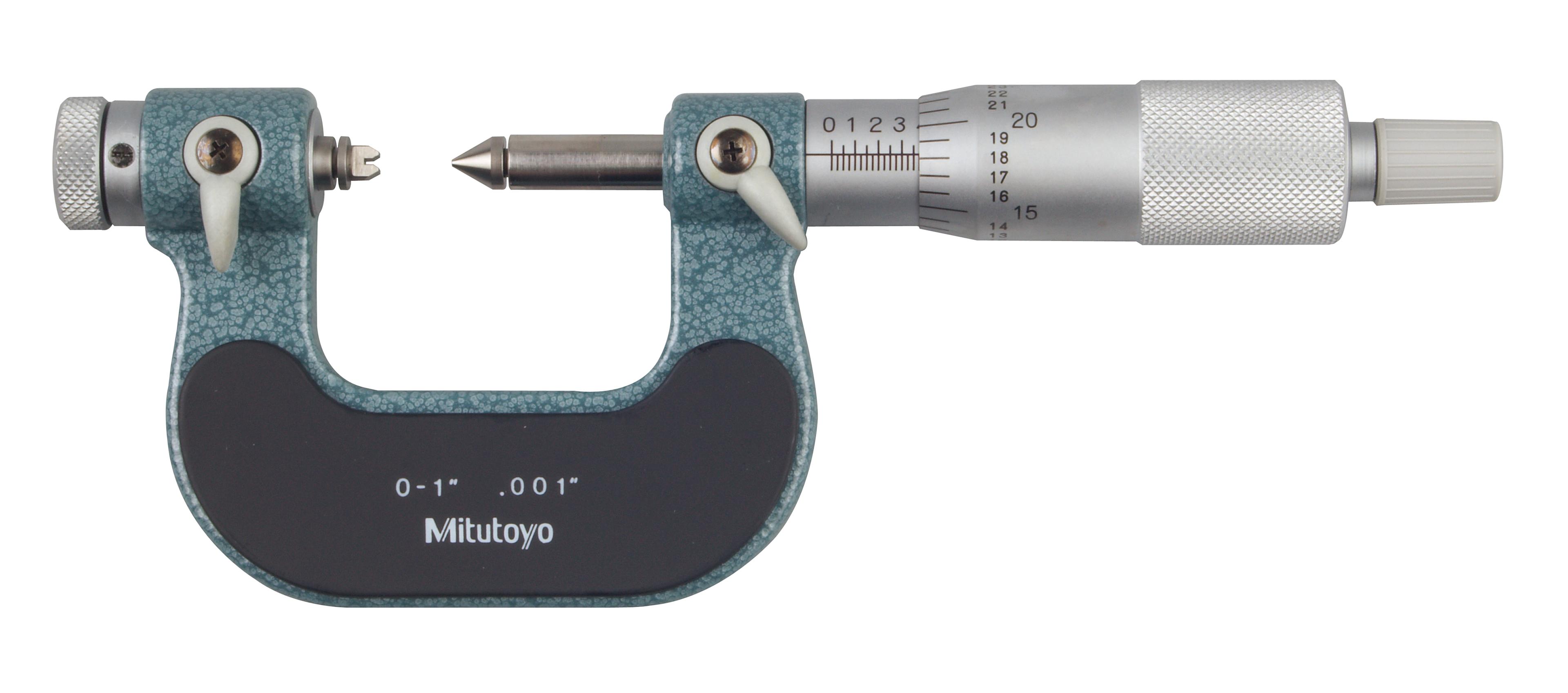Mitutoyo, 126-901, 0-1 In, .001 In, Mechanical Screw Thread Micrometer, Ratchet Stop, Includes 6 Piece Anvil Set (126-800) for Metric/Unified screws (60 degree threads)  
