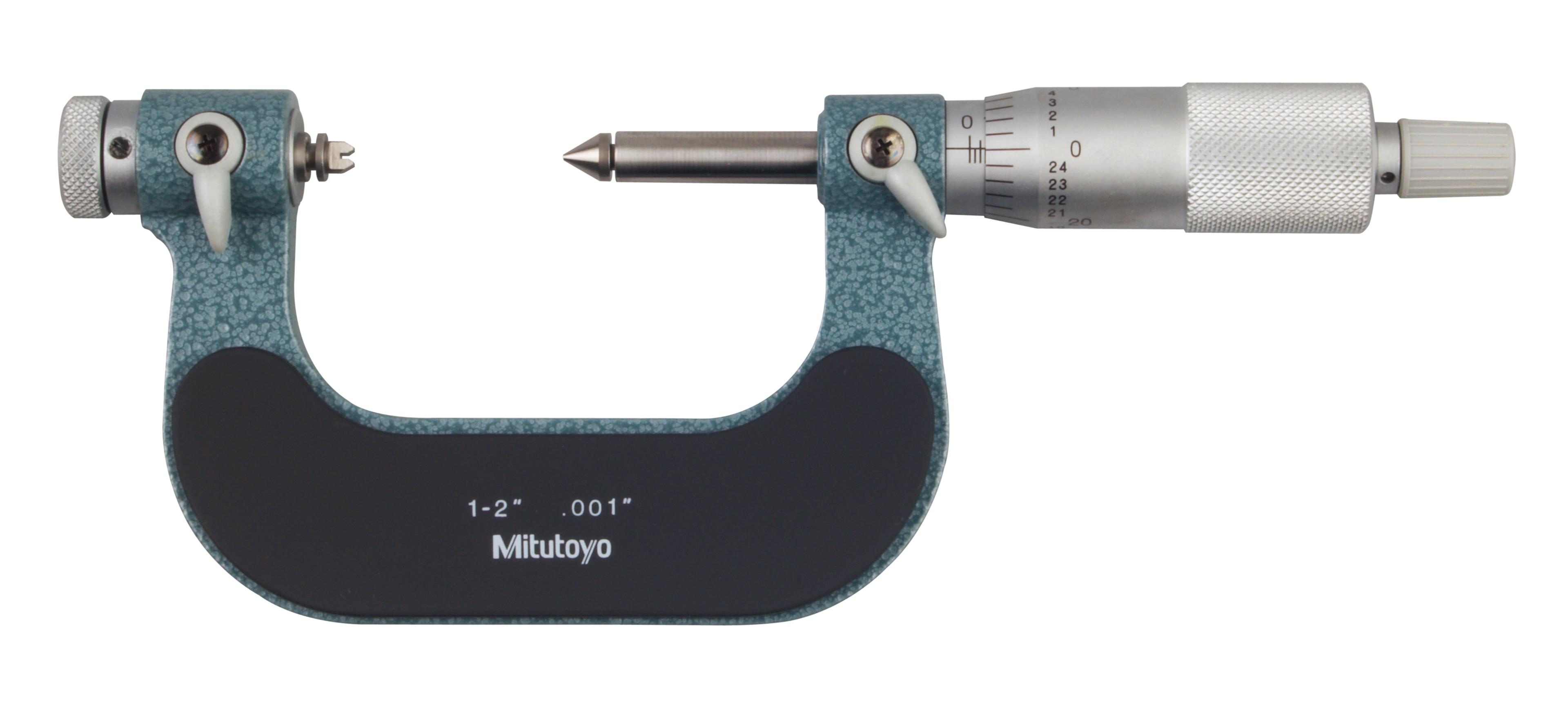 Mitutoyo, 126-902, 1-2 In, .001 In, Mechanical Screw Thread Micrometer, Ratchet Stop, Includes 6 Piece Anvil Set (126-800) for Metric/Unified screws (60 degree threads)  
