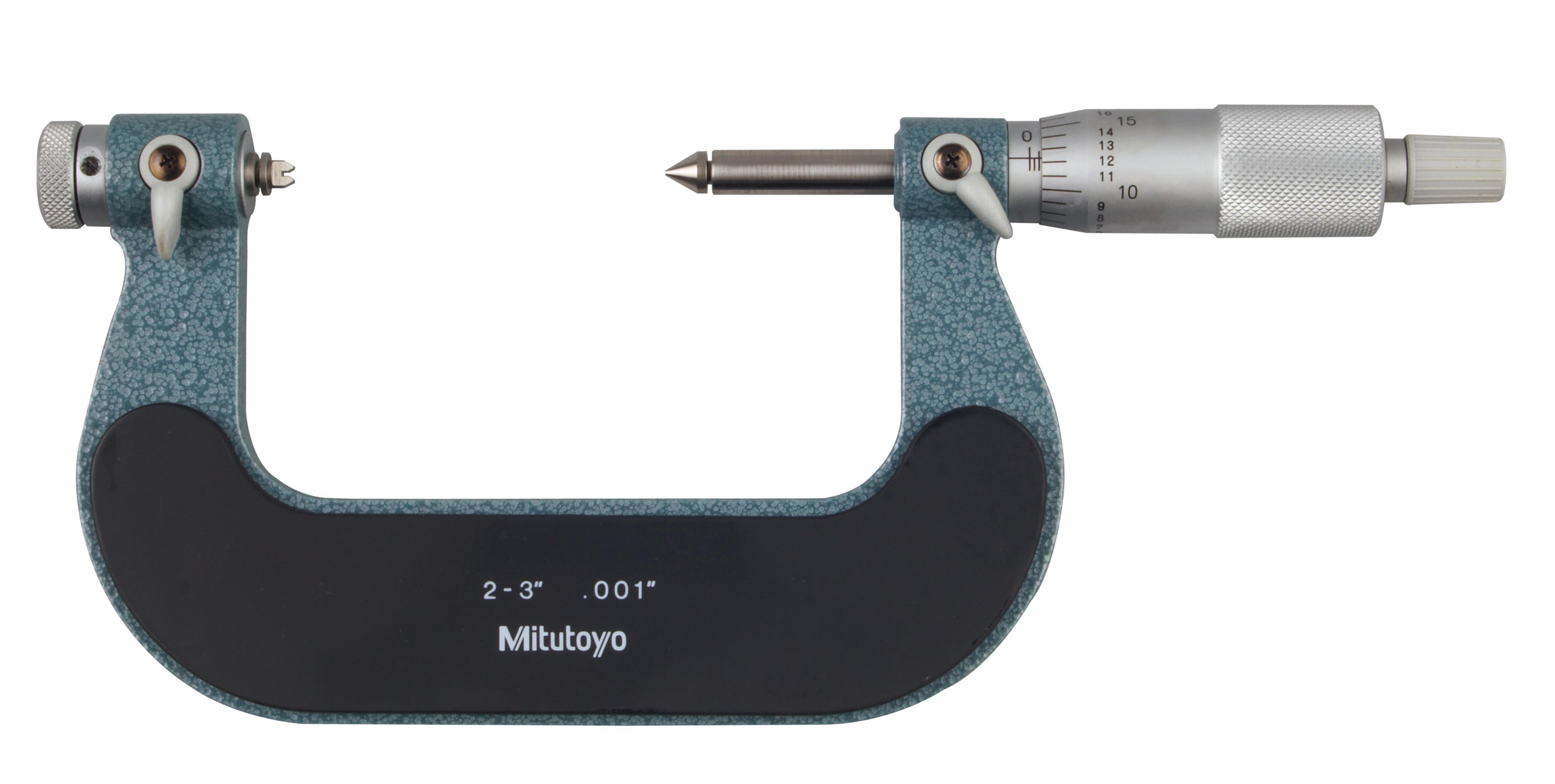 Mitutoyo, 126-903, 2-3 In, .001 In, Mechanical Screw Thread Micrometer, Ratchet Stop, Includes 6 Piece Anvil Set (126-800) for Metric/Unified screws (60 degree threads)  