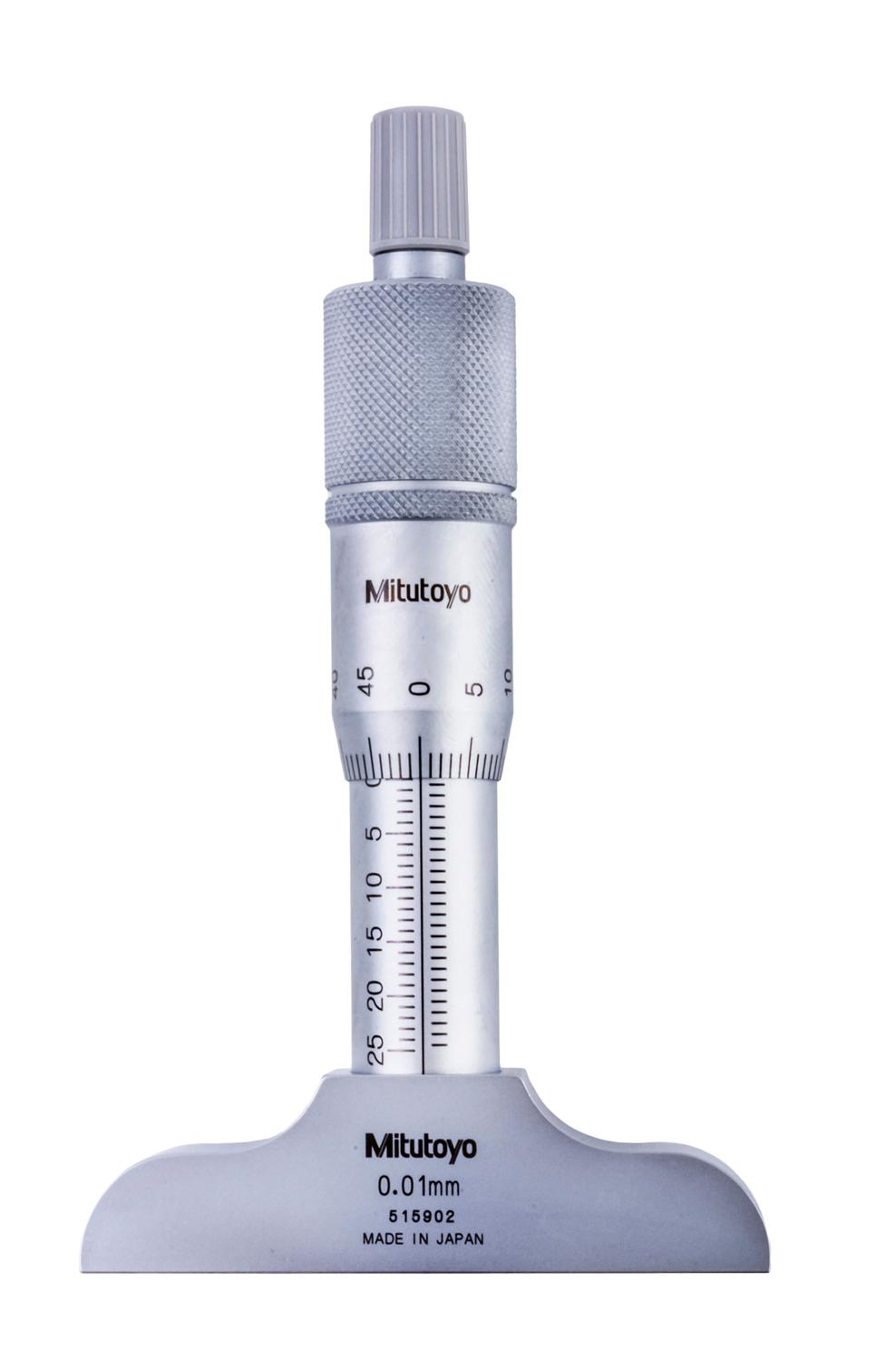 Mitutoyo, 128-101, 0-25mm, 0.01mm, Mechanical Depth Micrometer, Rod Clamp, 63.5mm Base, Ratchet Stop