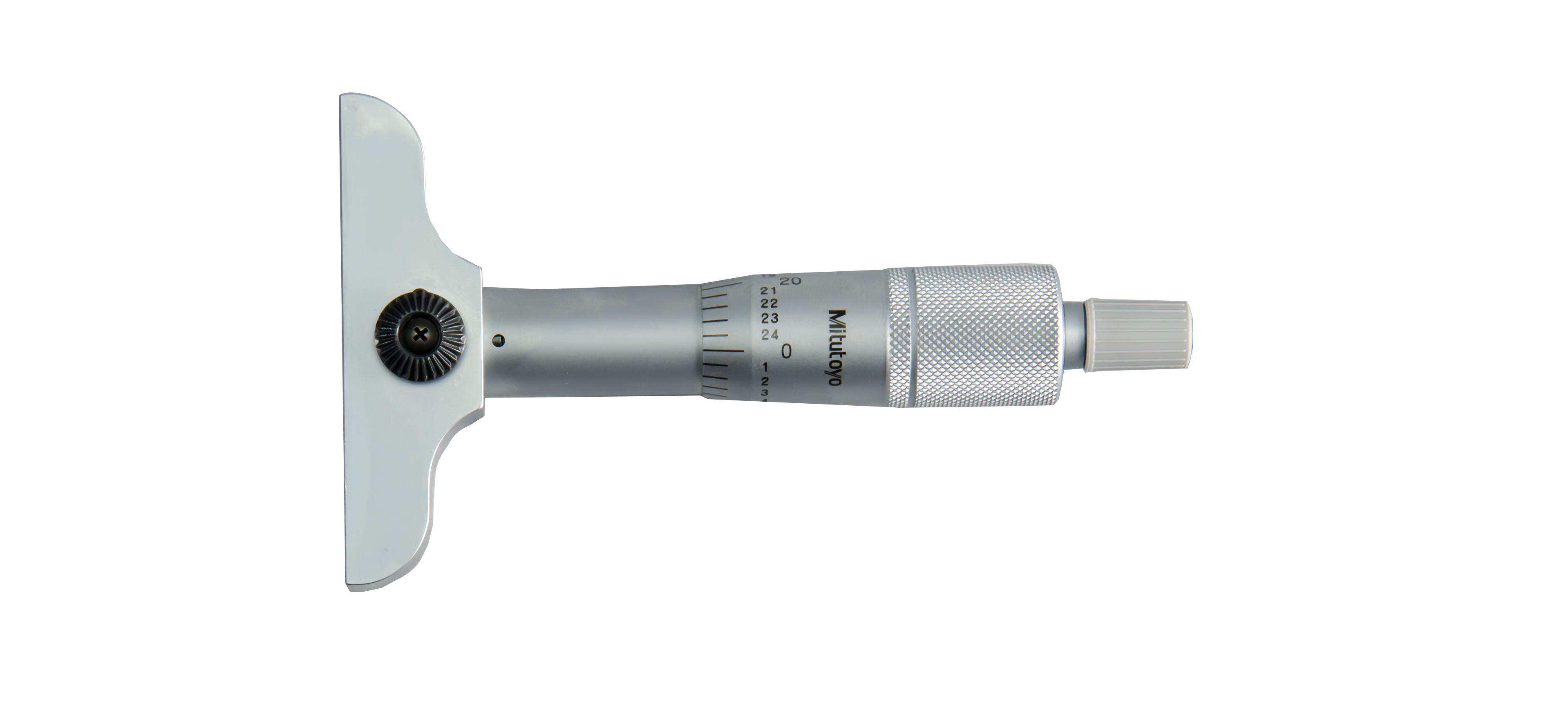 Mitutoyo, 128-105, 0-1 In.001 In, Mechanical Depth Micrometer, Rod Clamp, 2.5 In Base, Ratchet Stop