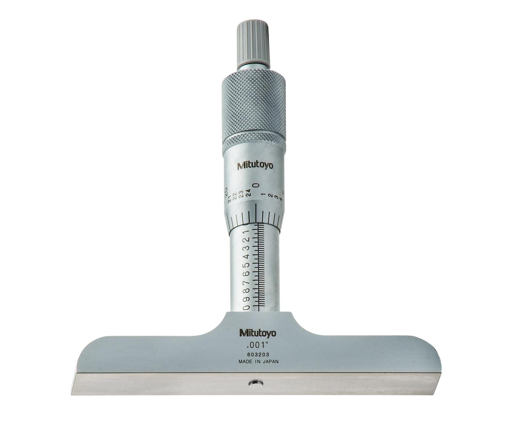 Mitutoyo, 128-106, 0-1 In.001 In, Mechanical Depth Micrometer, Rod Clamp, 4 In Base, Ratchet Stop