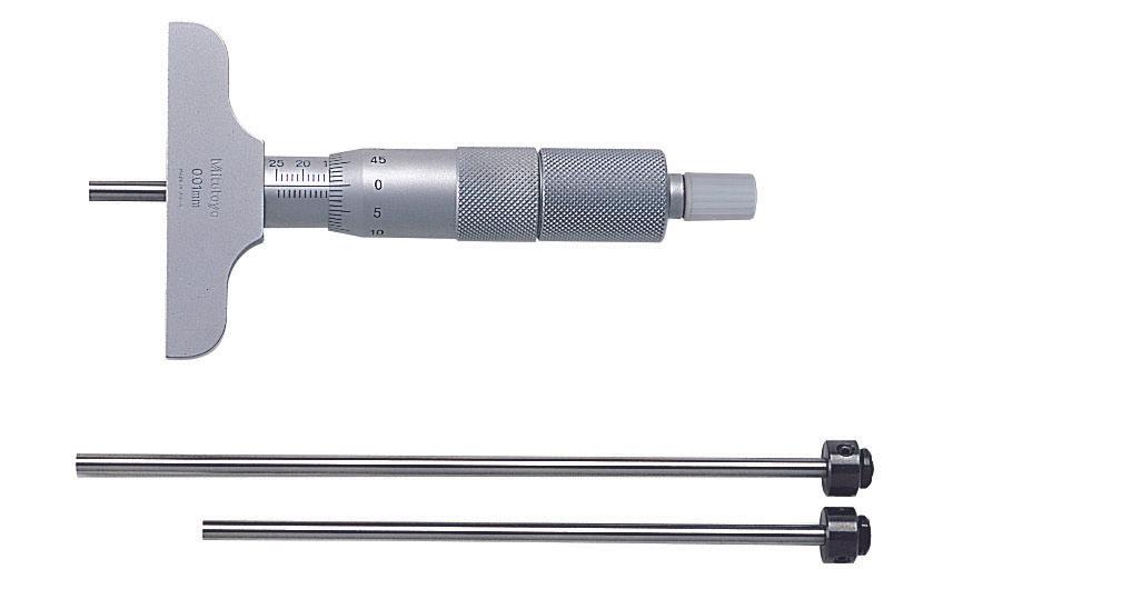 Mitutoyo, 129-110, 0-75mm, 0.01mm Mechanical Depth Micrometer, interchangeable rods, Rod Clamp, 63.5mm Base, Ratchet Stop