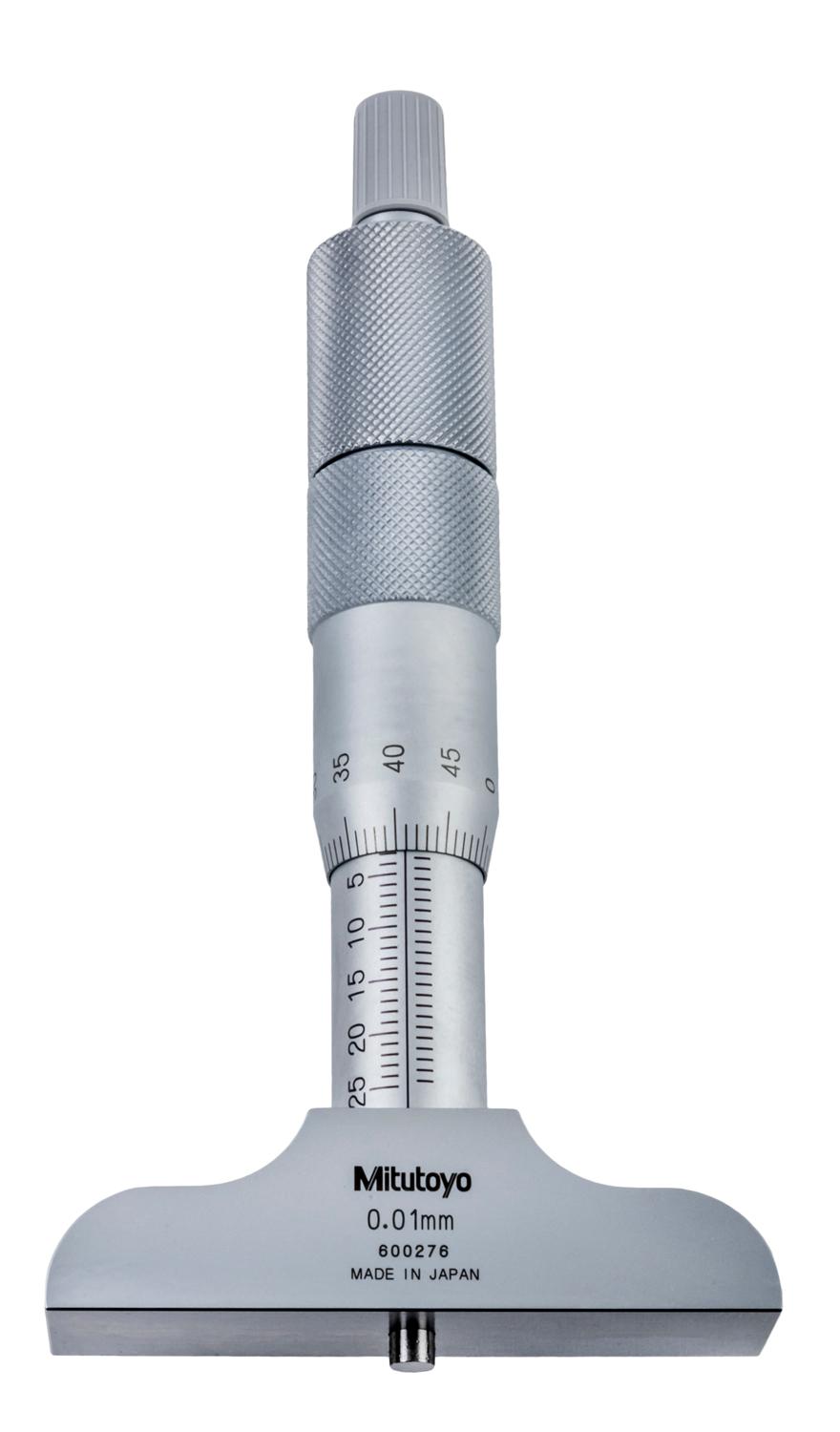 Mitutoyo, 129-111, 0-100mm, 0.01mm Mechanical Depth Micrometer, 4 interchangeable rods, Rod Clamp, 63.5mm Base, Ratchet Stop
