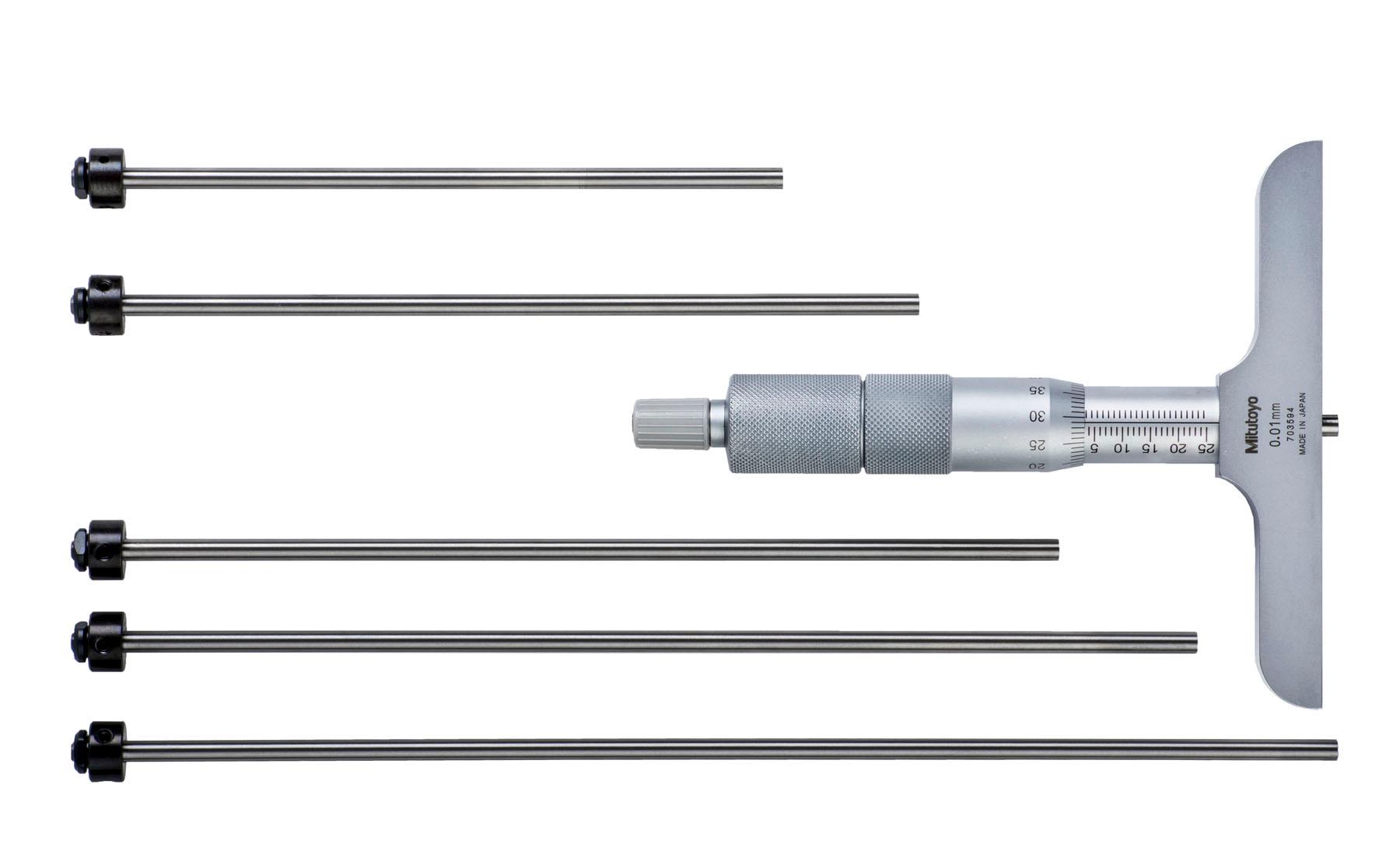 Mitutoyo, 129-116, 0-150mm, 0.01mm Mechanical Depth Micrometer, interchangeable rods, Rod Clamp, 63.5mm Base, Ratchet Stop