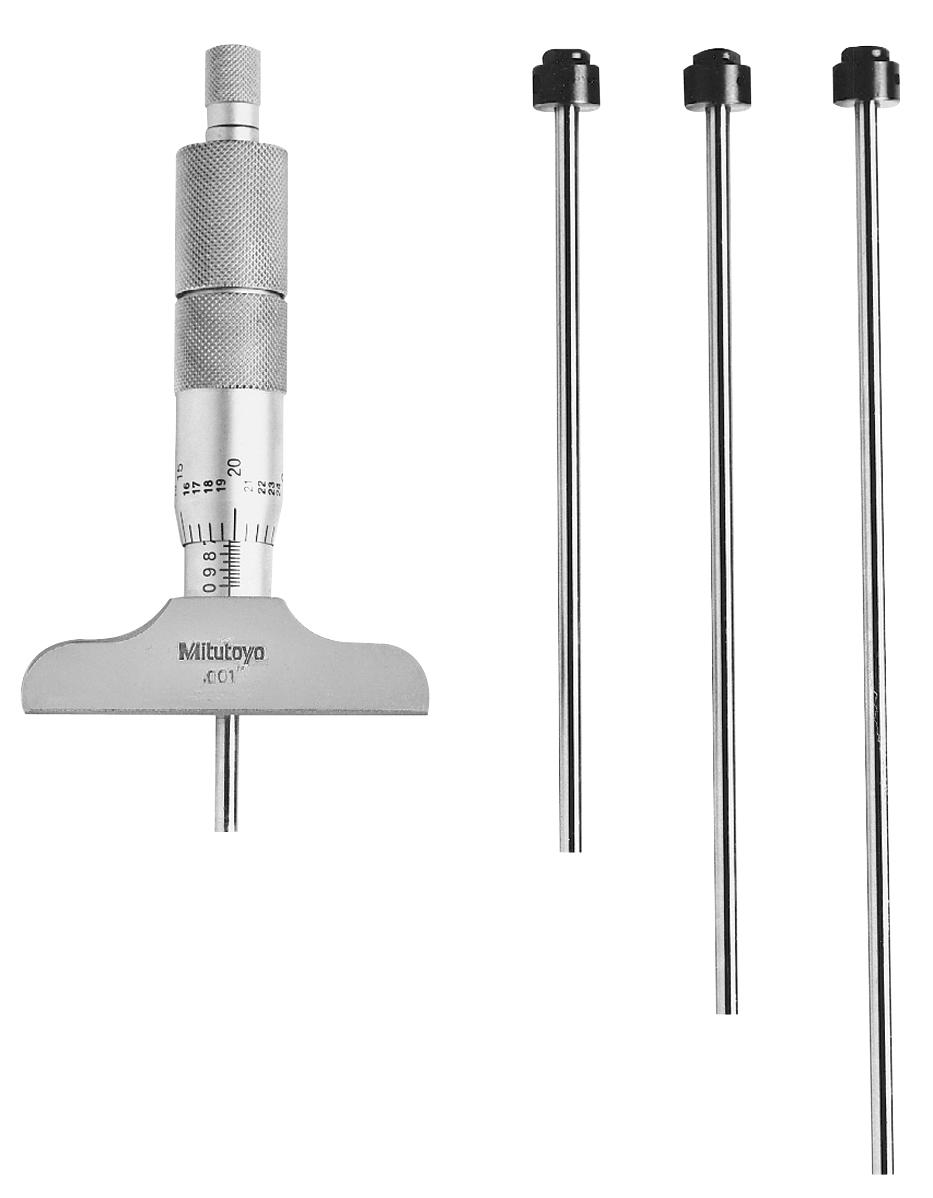 Mitutoyo, 129-127, 0-4 In, .001 In Mechanical Depth Micrometer, 4 interchangeable rods (1 In/25.4mm increments), Rod Clamp, 2.5 In Base, Ratchet Stop