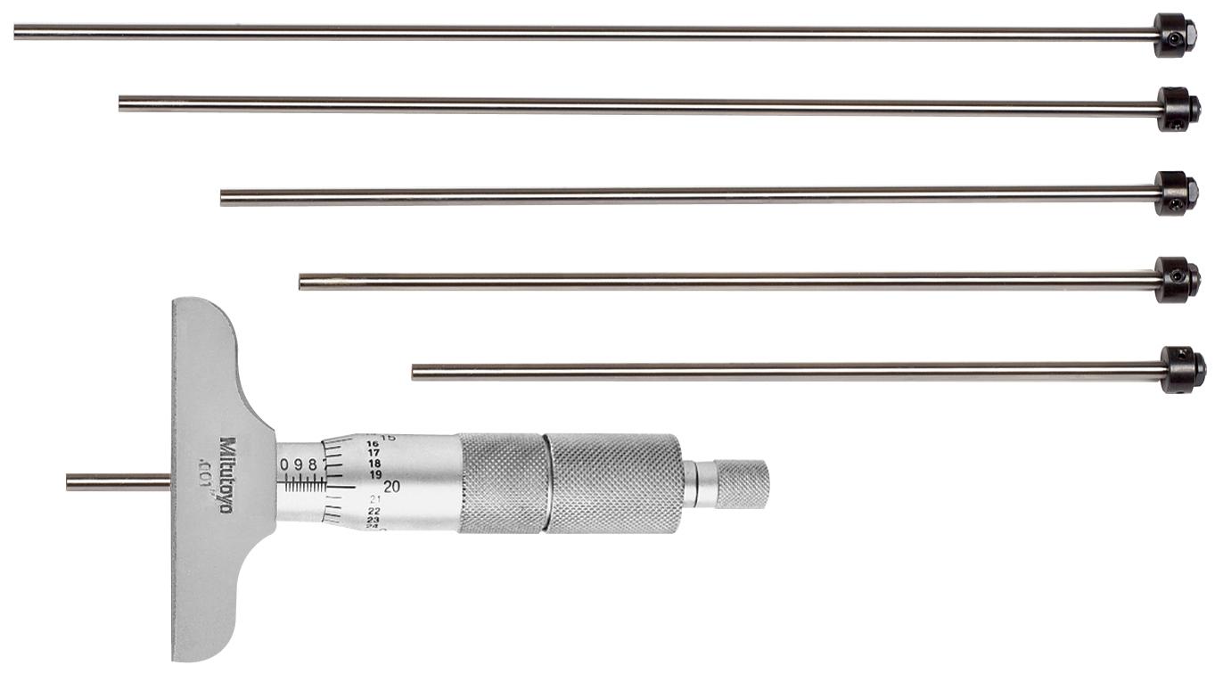 Mitutoyo, 129-128, 0-6 In, .001 In Mechanical Depth Micrometer, 6 interchangeable rods (1 In/25.4mm increments), Rod Clamp, 2.5 In Base, Ratchet Stop