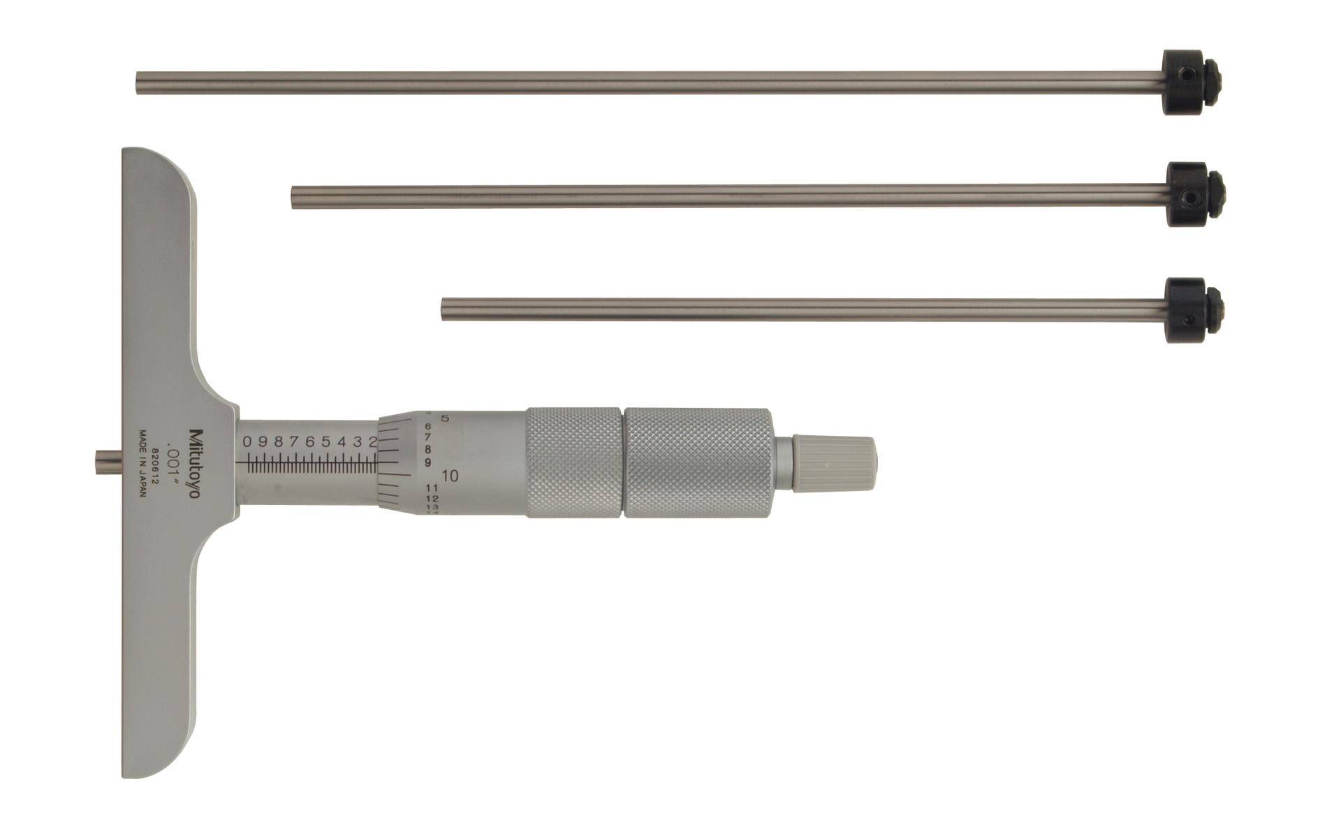 Mitutoyo, 129-131, 0-4 In, .001 In Mechanical Depth Micrometer, 4 interchangeable rods (1 In/25.4mm increments), Rod Clamp, 4 In Base, Ratchet Stop