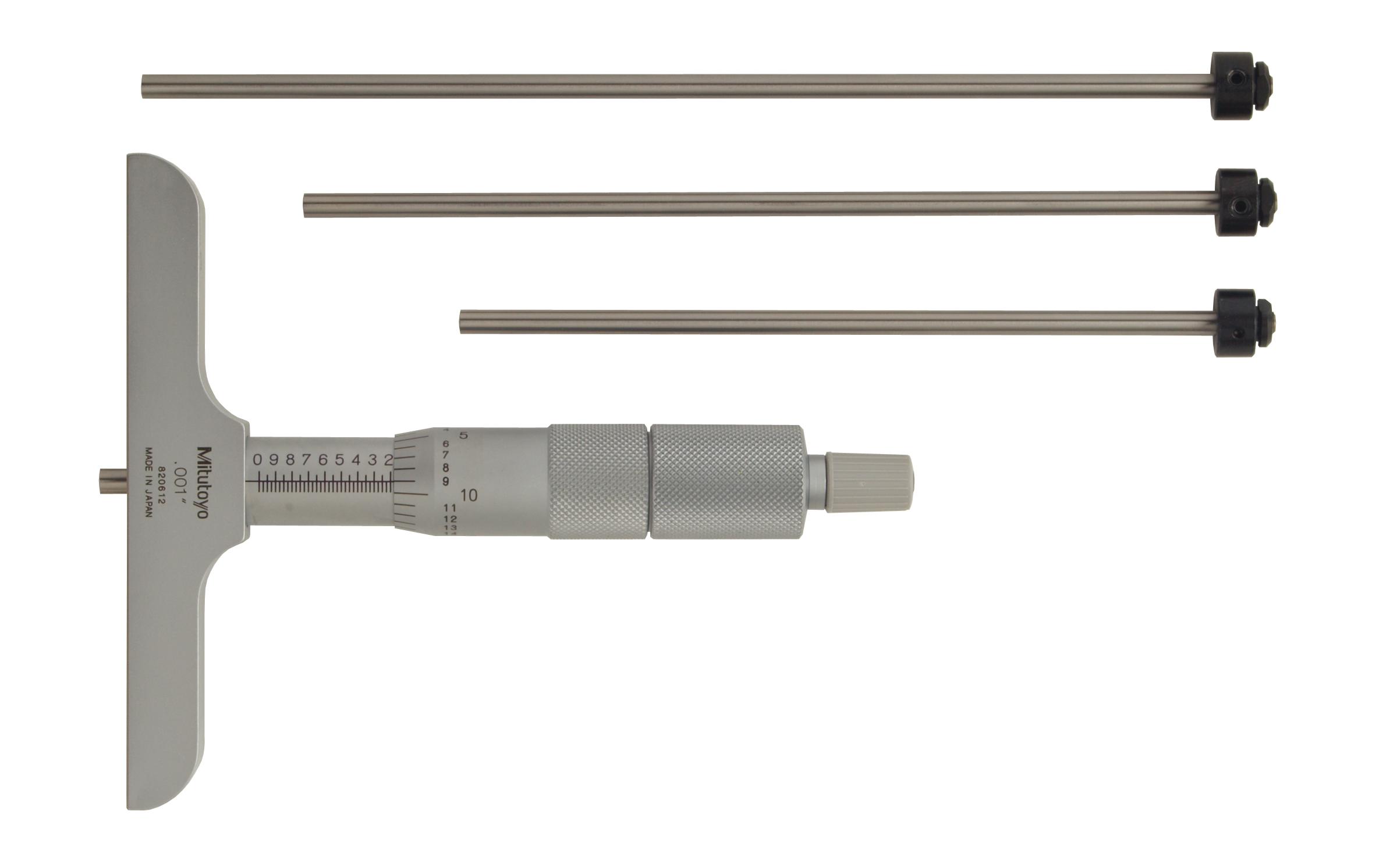 Mitutoyo, 129-131, 0-4 In, .001 In Mechanical Depth Micrometer, 4 interchangeable rods (1 In/25.4mm increments), Rod Clamp, 4 In Base, Ratchet Stop
