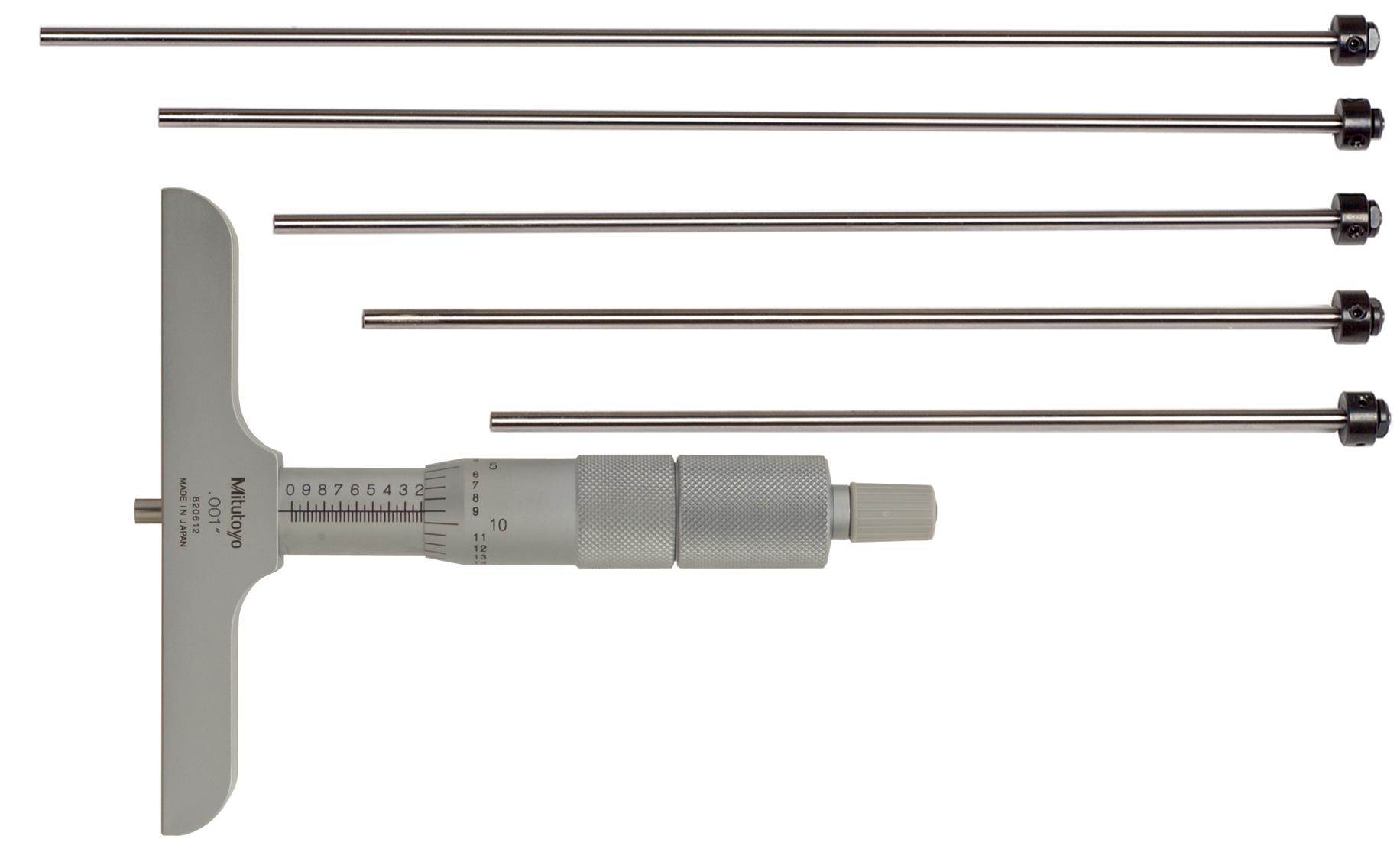 Mitutoyo, 129-132, 0-6 In, .001 In Mechanical Depth Micrometer, 6 interchangeable rods (1 In/25.4mm increments), Rod Clamp, 4 In Base, Ratchet Stop