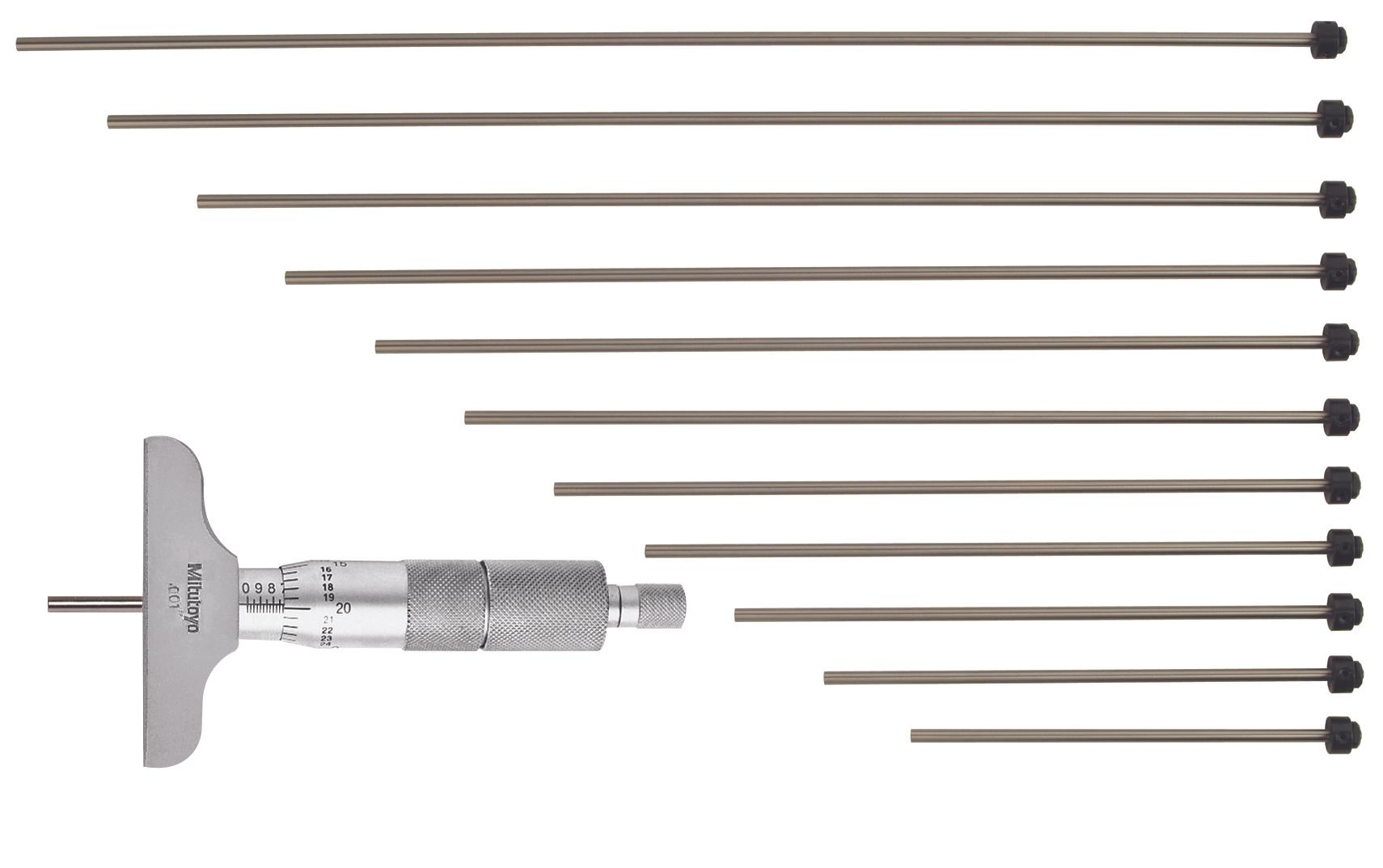 Mitutoyo, 129-149, 0-12 In, .001 In Mechanical Depth Micrometer, 12 interchangeable rods (1 In/25.4mm increments), Rod Clamp, 2.5 In Base, Ratchet Stop