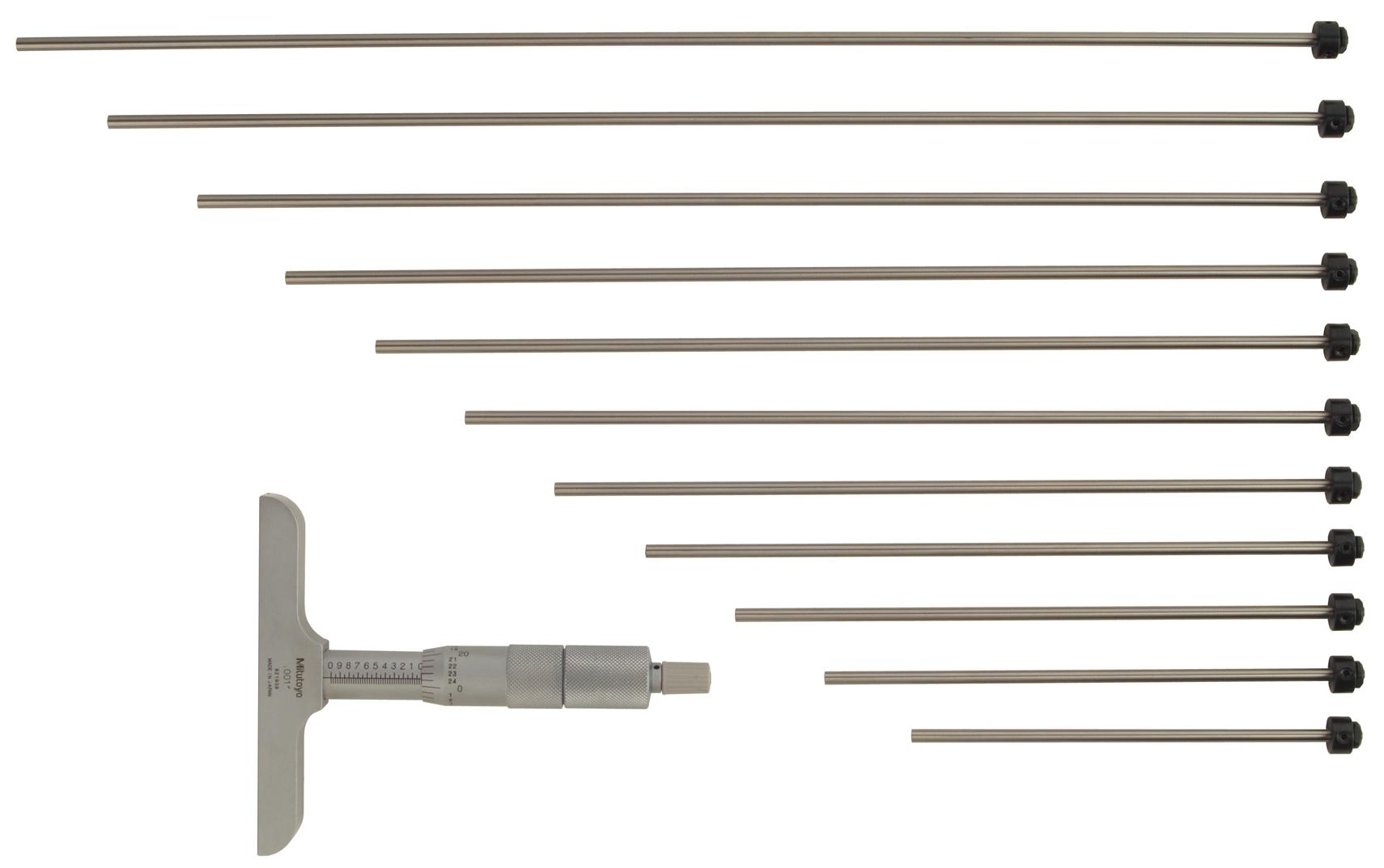 Mitutoyo, 129-150, 0-12 In, .001 In Mechanical Depth Micrometer, 12 interchangeable rods (1 In/25.4mm increments), Rod Clamp, 4 In Base, Ratchet Stop