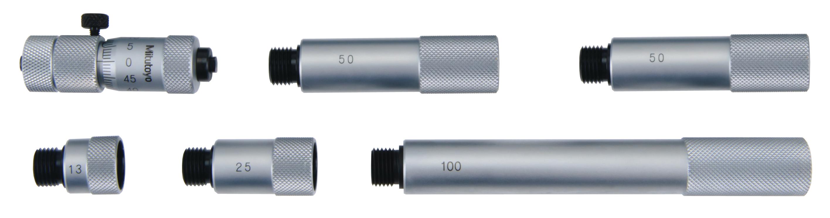 Mitutoyo, 137-202, Extension rods 13mm,25mm,50mm(2pcs.), 100mm for Tubular inside micrometer, 50-300mm Range, 13mm travel of micrometer head