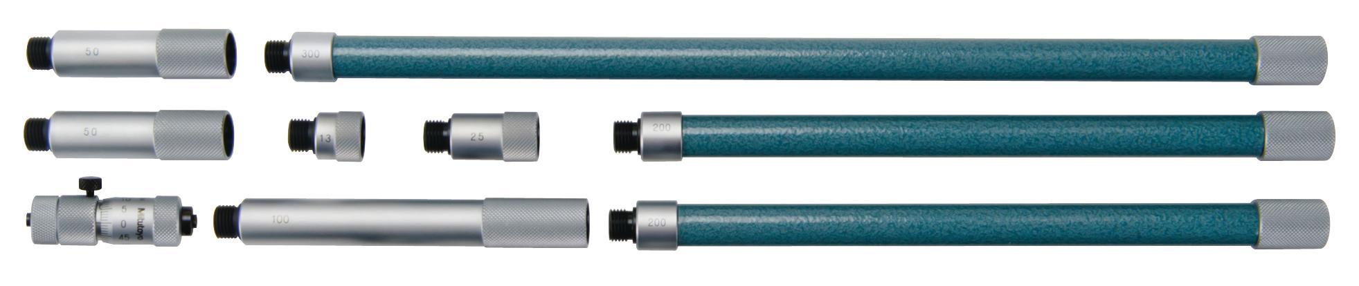 Mitutoyo, 137-204, Extension rods 13mm,25mm,50mm(2pcs.), 100mm,200mm(2pcs), 300mm for Tubular inside micrometer, 50-500mm Range, 13mm travel of micrometer head