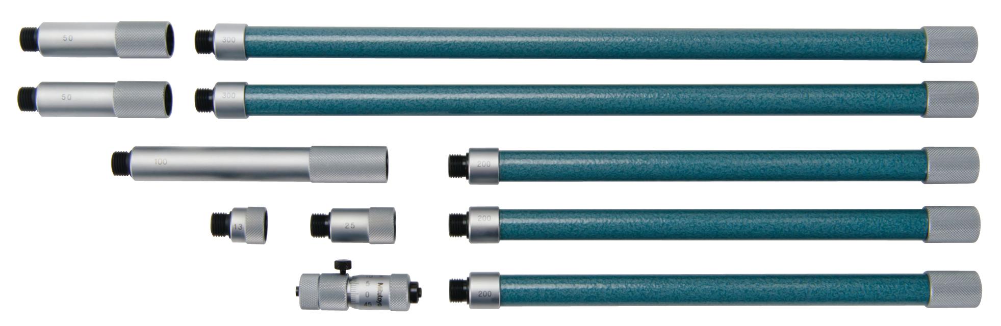 Mitutoyo, 137-205, Extension rods 13mm,25mm,50mm(2pcs.), 100mm,200mm(3pcs), 300mm(2pcs) for Tubular inside micrometer, 50-1500mm Range, 13mm travel of micrometer head