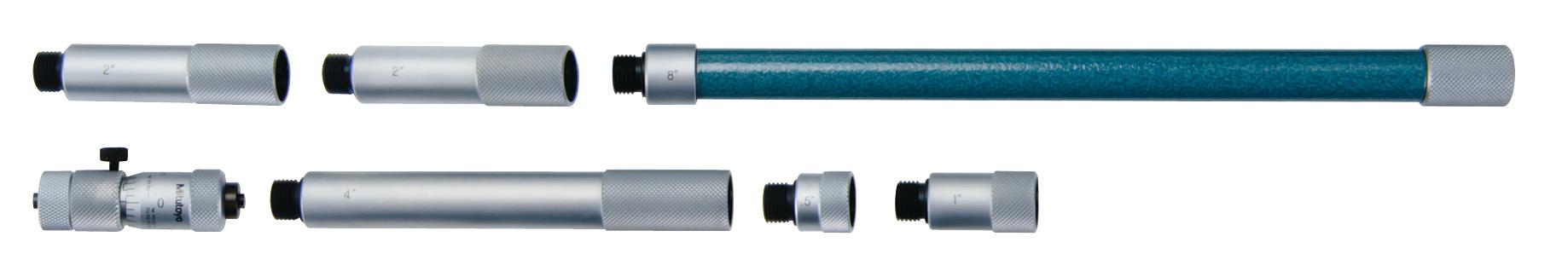 Mitutoyo, 137-213, Extension rods .5in, 1in, 2in (2pcs), 4in, 8 inches for Tubular inside micrometer, 2-20 inches Range, .5 inches travel of micrometer head