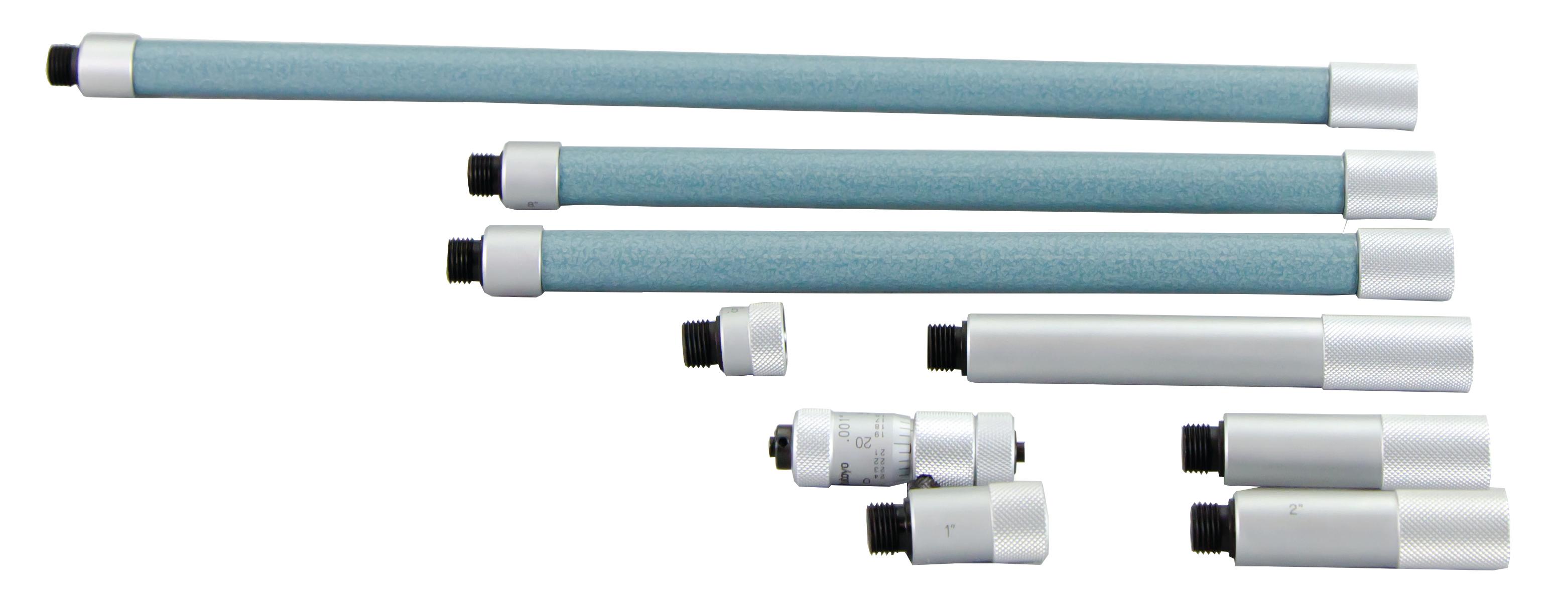 Mitutoyo, 137-214, Extension rods .5in, 1in, 2in (2pcs), 4in, 8in (2pcs.), 12 inches for Tubular inside micrometer, 2-40 inches Range, .5 inches travel of micrometer head