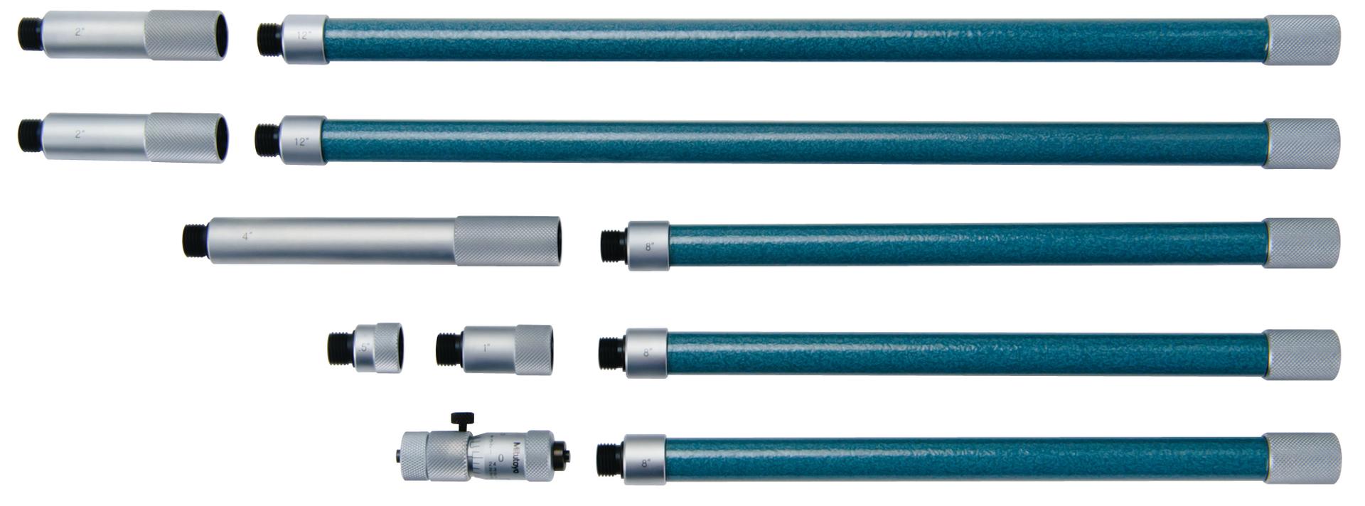 Mitutoyo, 137-215, Extension rods .5in, 1in, 2in (2pcs), 4in, 8in (3pcs.), 12 (2pcs) inches for Tubular inside micrometer, 2-60 inches Range, .5 inches travel of micrometer head