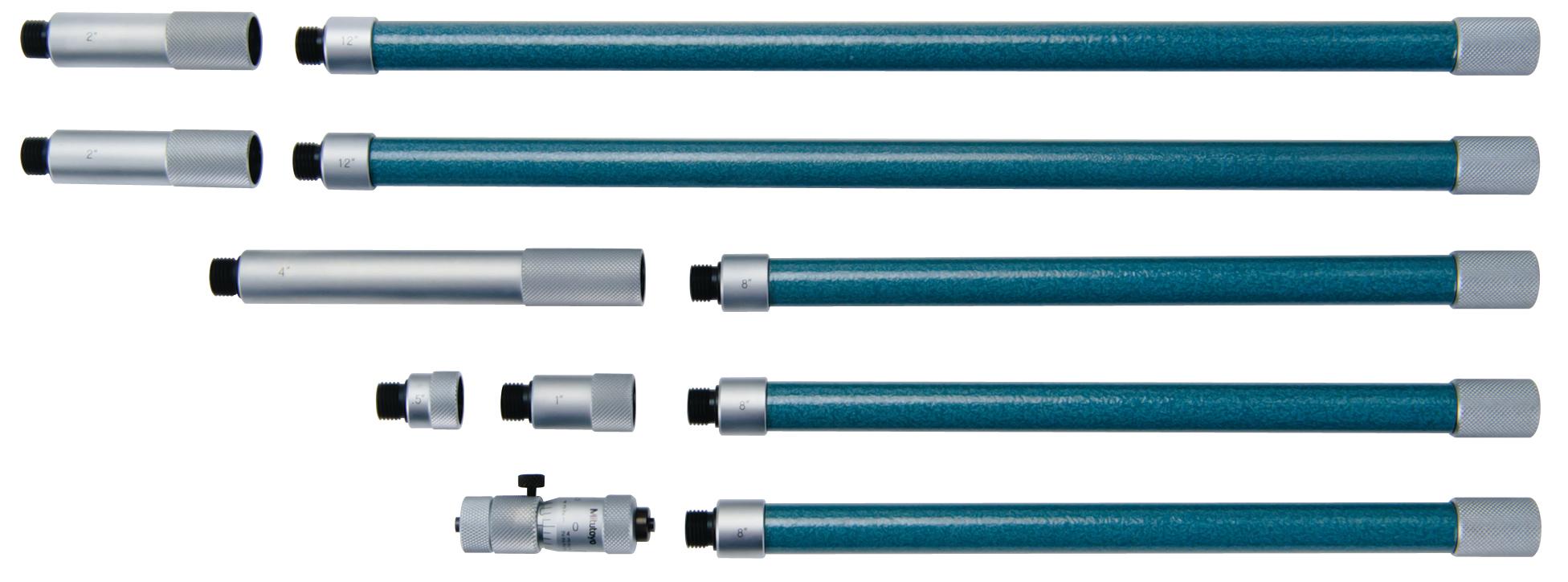 Mitutoyo, 137-215, Extension rods .5in, 1in, 2in (2pcs), 4in, 8in (3pcs.), 12 (2pcs) inches for Tubular inside micrometer, 2-60 inches Range, .5 inches travel of micrometer head