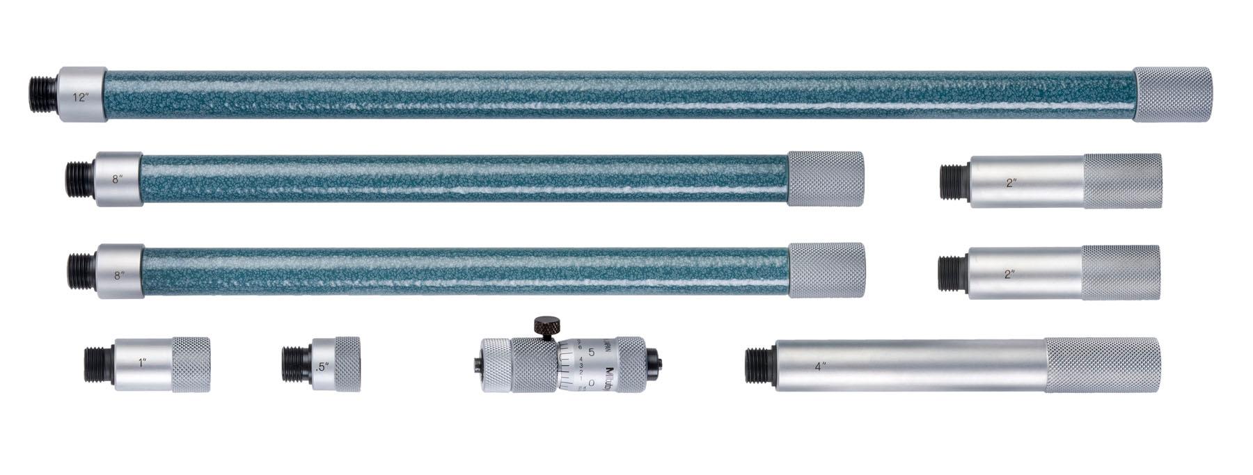 Mitutoyo, 137-219, Extension rods .5in, 1in, 2in (2pcs), 4in, 8in (2pcs.), 12 inches for Tubular inside micrometer, 2-40 inches Range, .5 inches travel of micrometer head. Carbide-tipped face