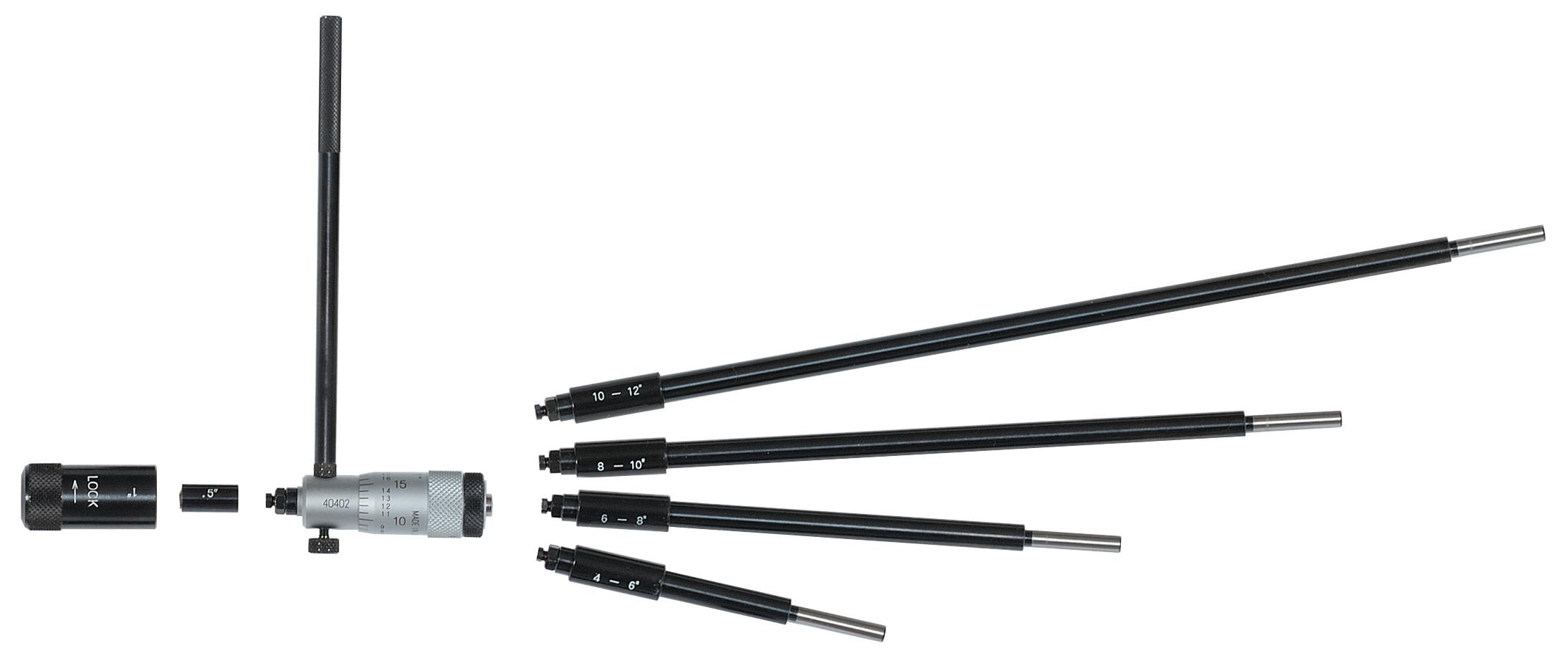 Mitutoyo, 141-233, Mechanical Extension Rod Type Inside Micrometer, Extension Rods (5) 2-12 In, .001 Inch