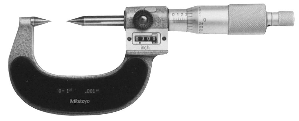 Mitutoyo, 142-225, Mechanical Counter Point Micrometer, Ratchet Stop, 30 degree 0-1 In, .001 Inch. No carbide tips