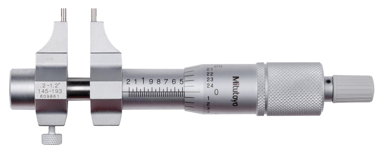 Mitutoyo, 145-193, Mechanical Caliper Jaw Type Micrometer, Carbide Steel Tip, Locking Clamp, Ratchet Stop .2-1.2 In, .001 Inch